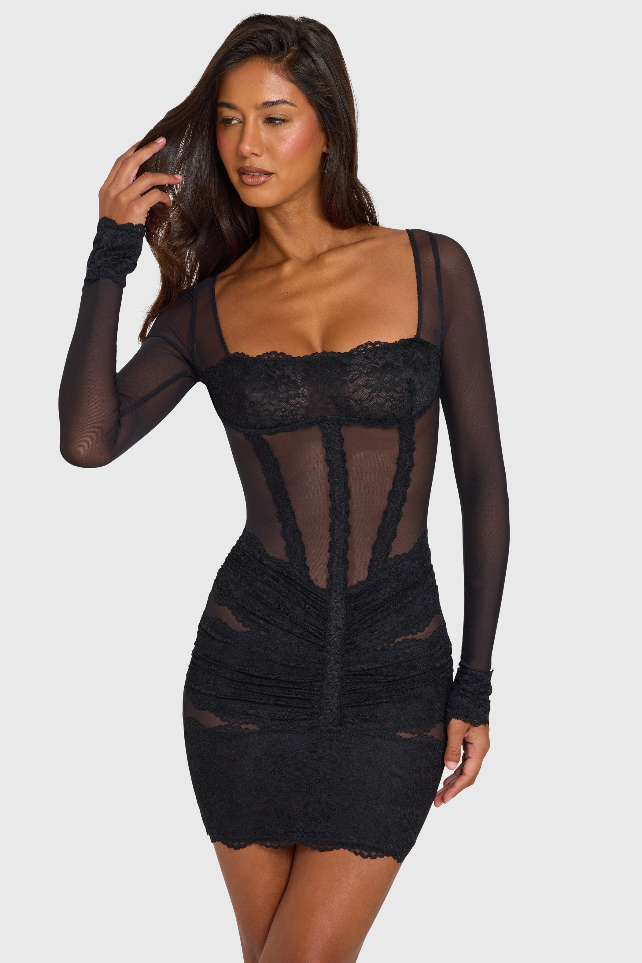 Placed Lace-Trim Long-Sleeve Mini Dress in Black