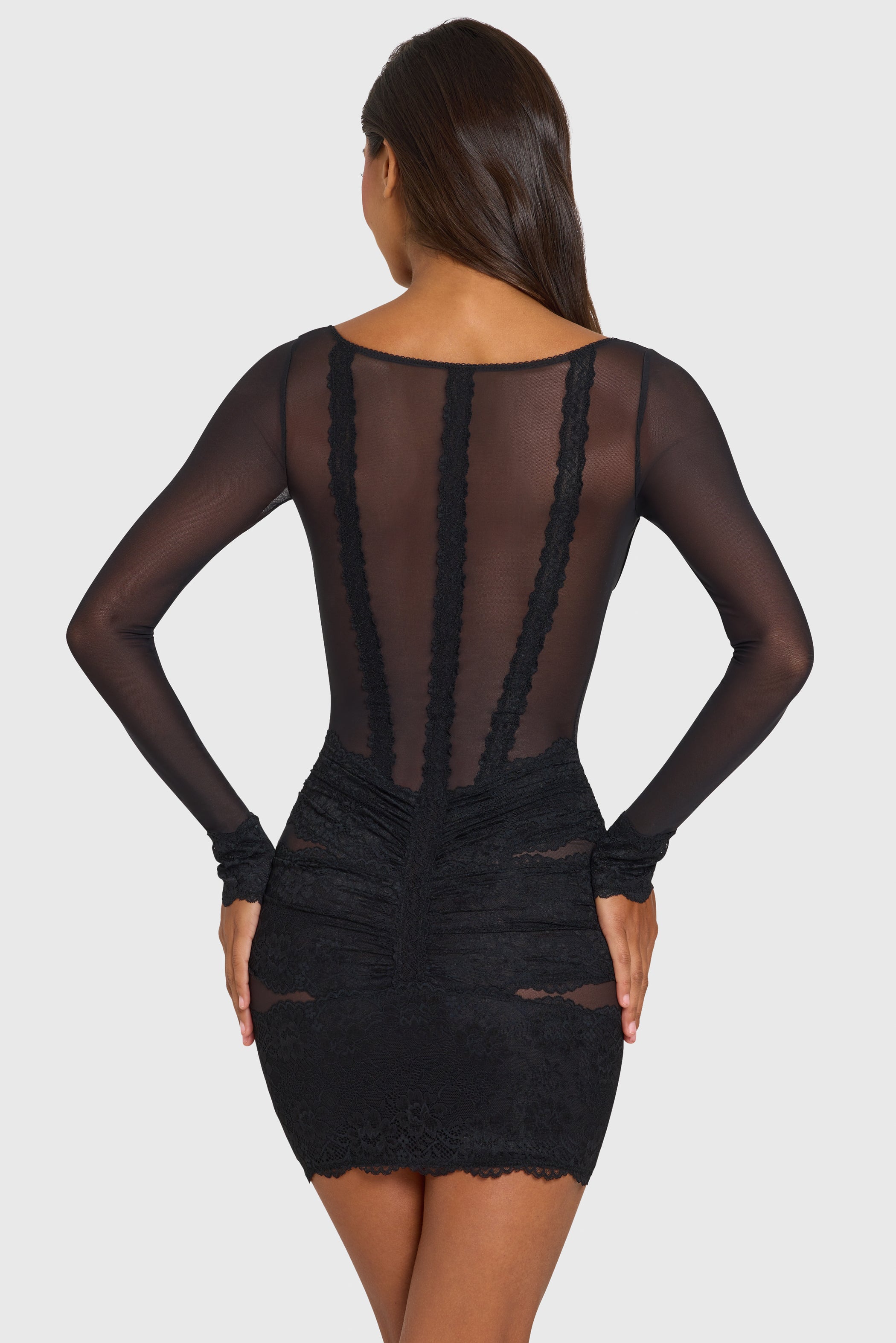 Placed Lace-Trim Long-Sleeve Mini Dress in Black