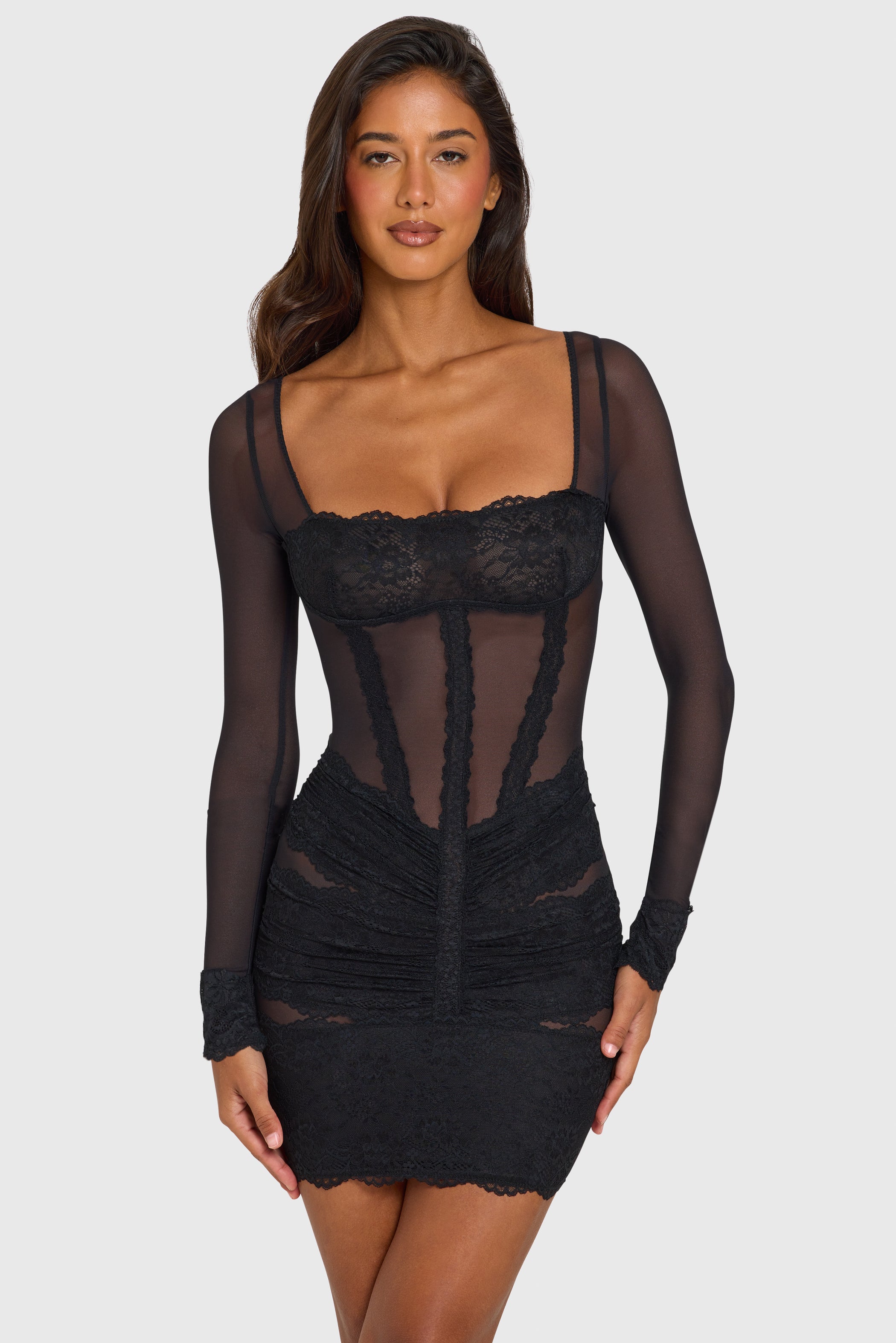 Placed Lace-Trim Long-Sleeve Mini Dress in Black