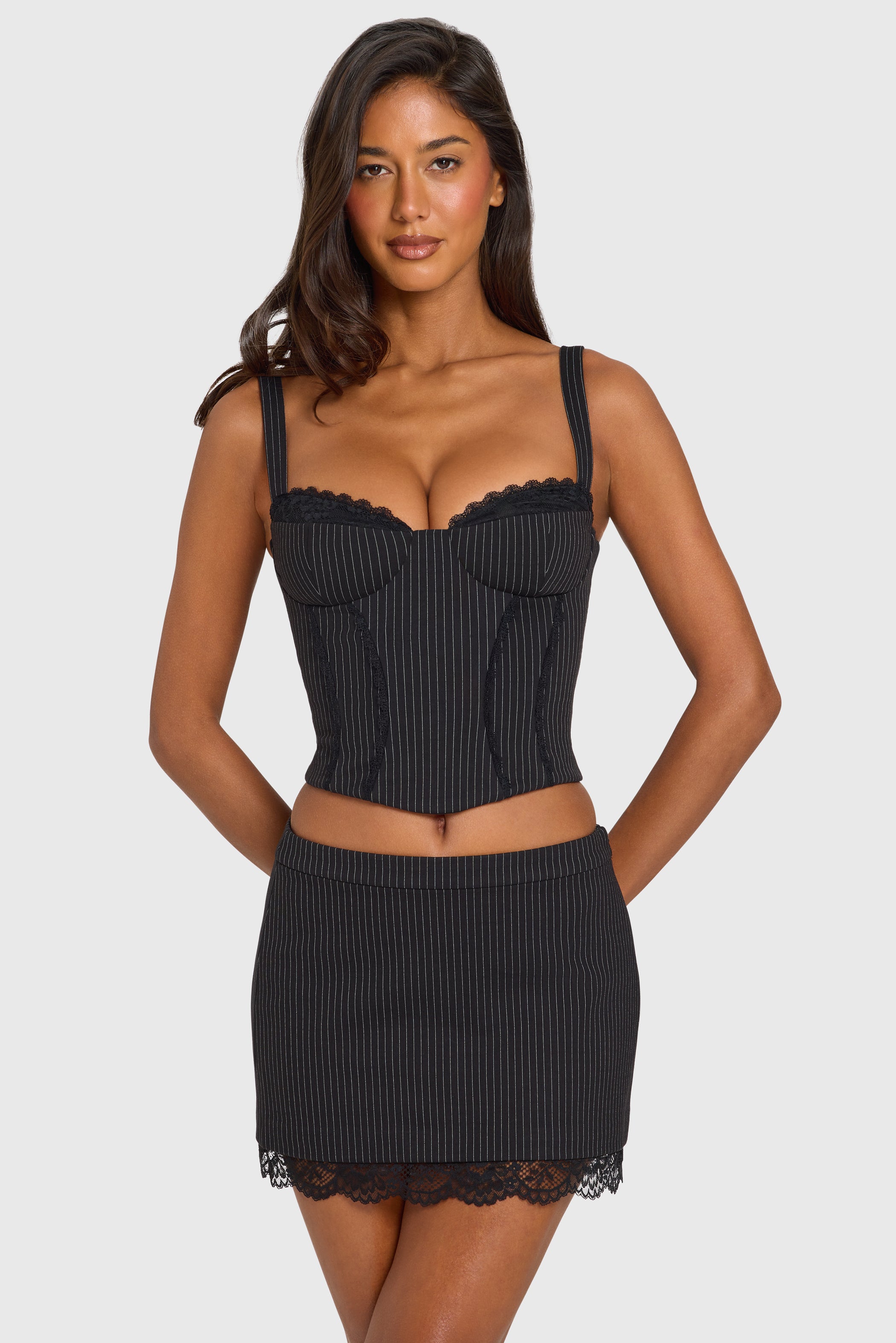 Pinstripe Ponte Lace-Trim Peekaboo Corset Top in Black Pinstripe