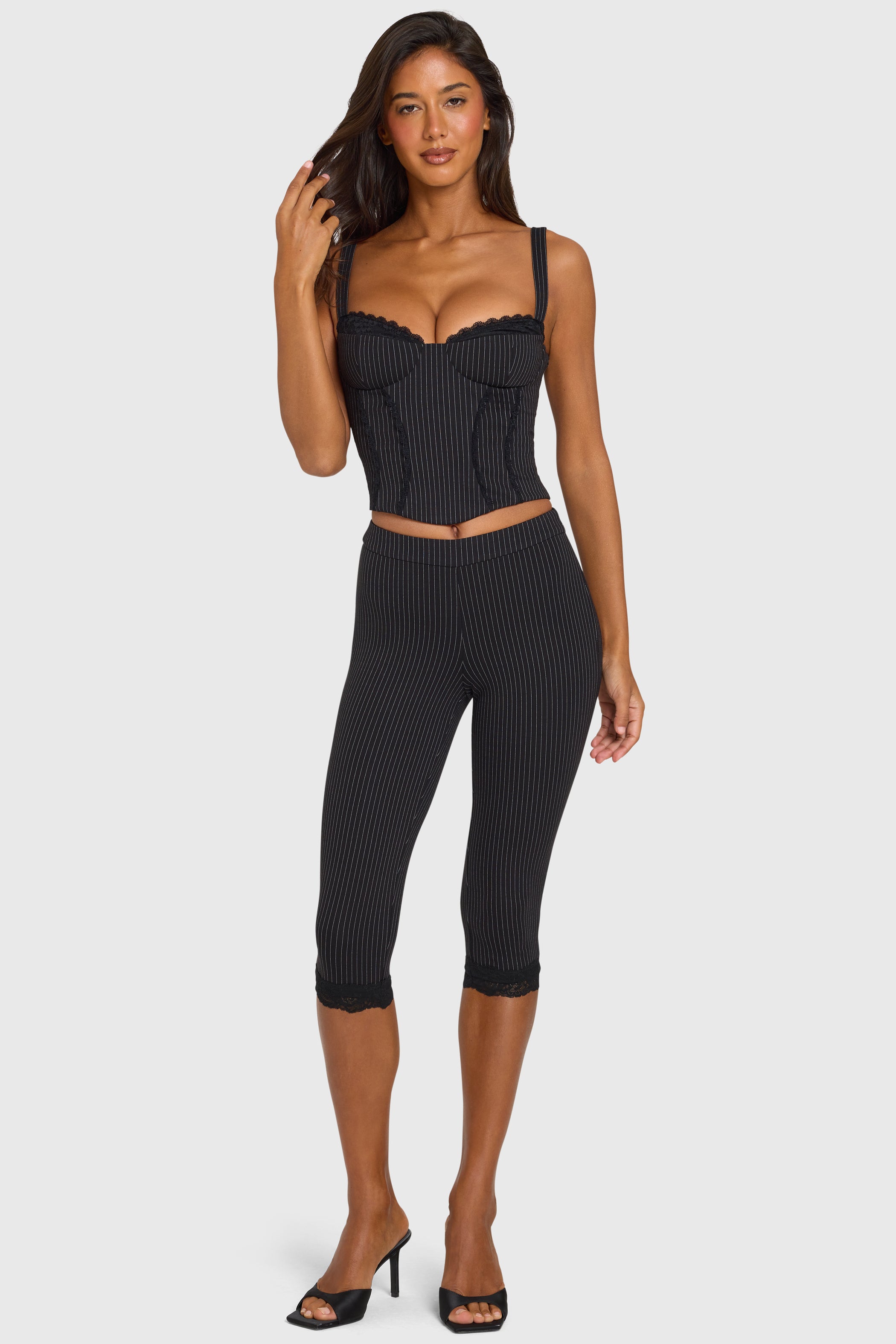 Pinstripe Ponte Capri Leggings in Black Pinstripe
