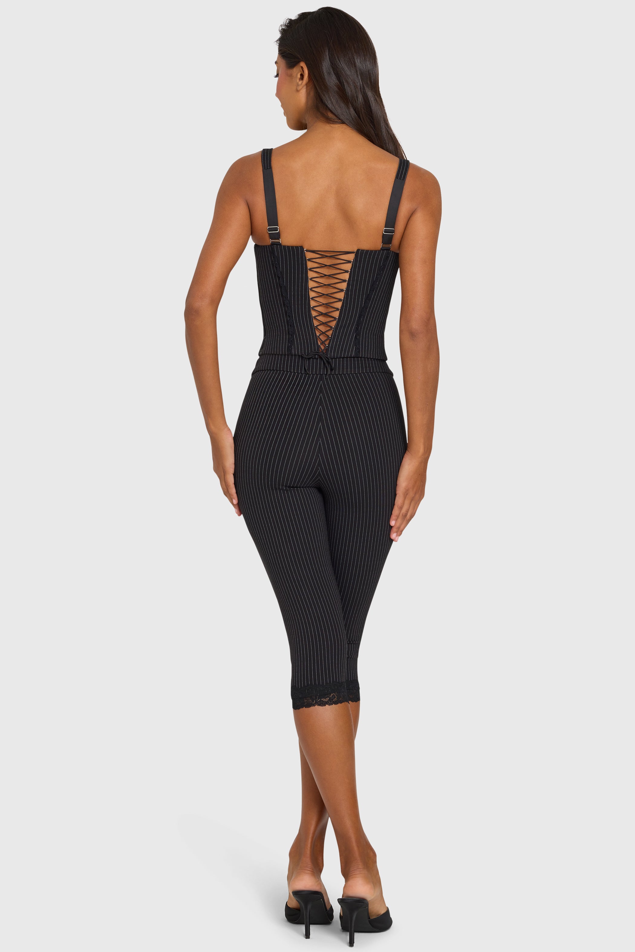 Pinstripe Ponte Capri Leggings in Black Pinstripe
