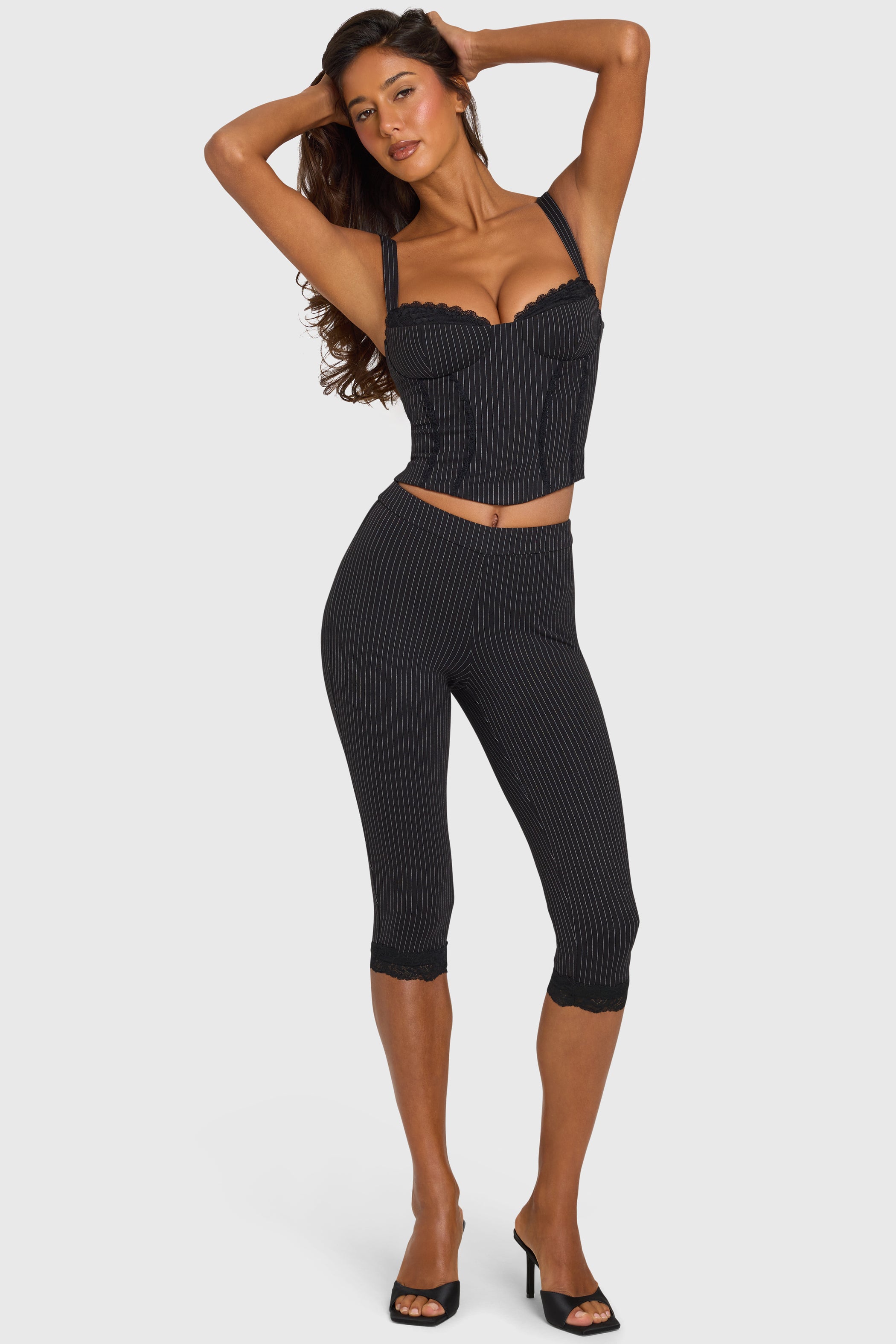 Pinstripe Ponte Capri Leggings in Black Pinstripe