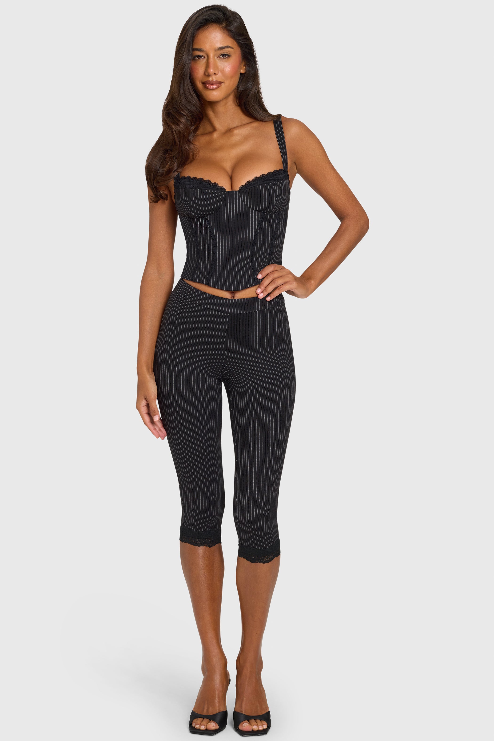 Pinstripe Ponte Capri Leggings in Black Pinstripe