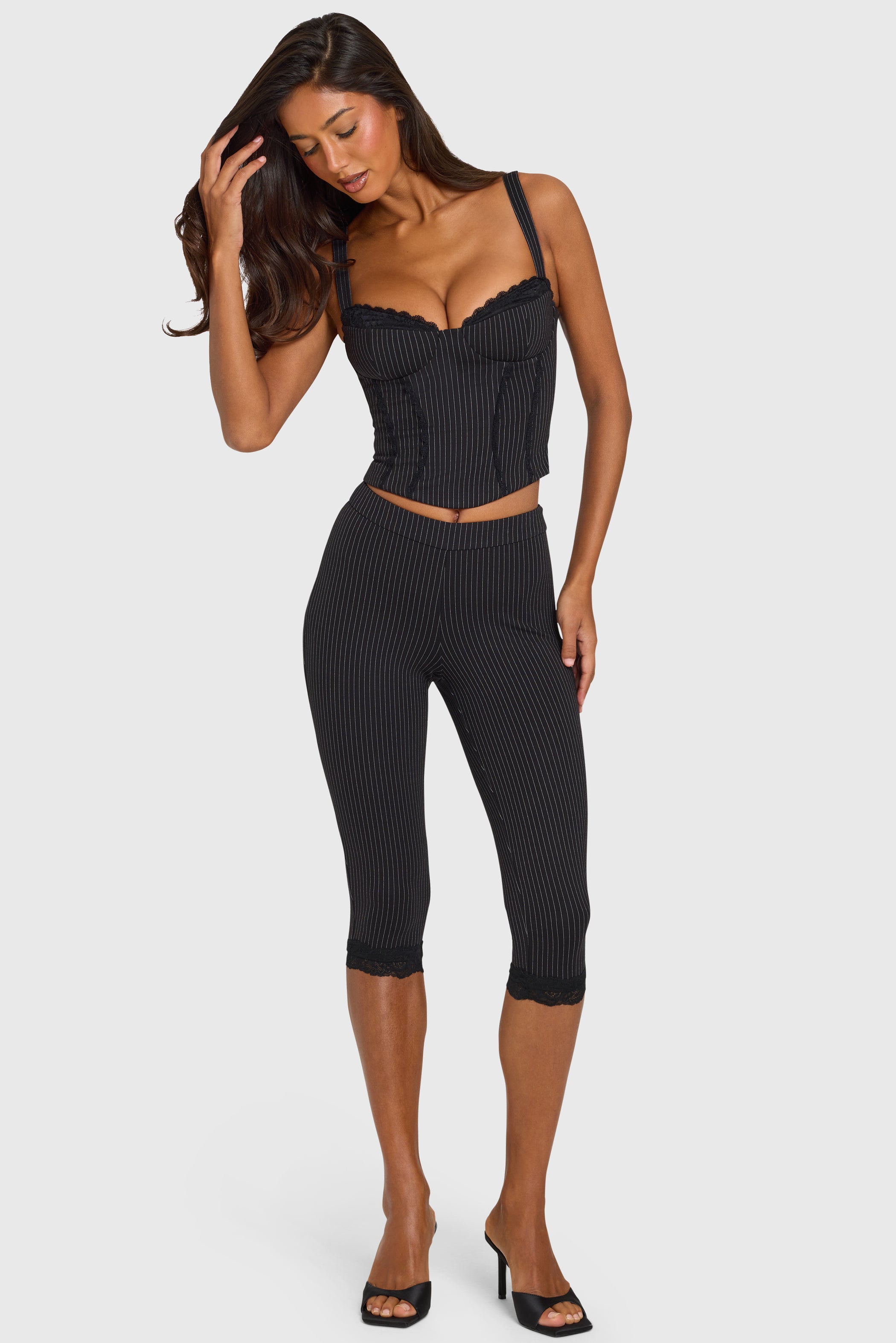 Pinstripe Ponte Capri Leggings in Black Pinstripe