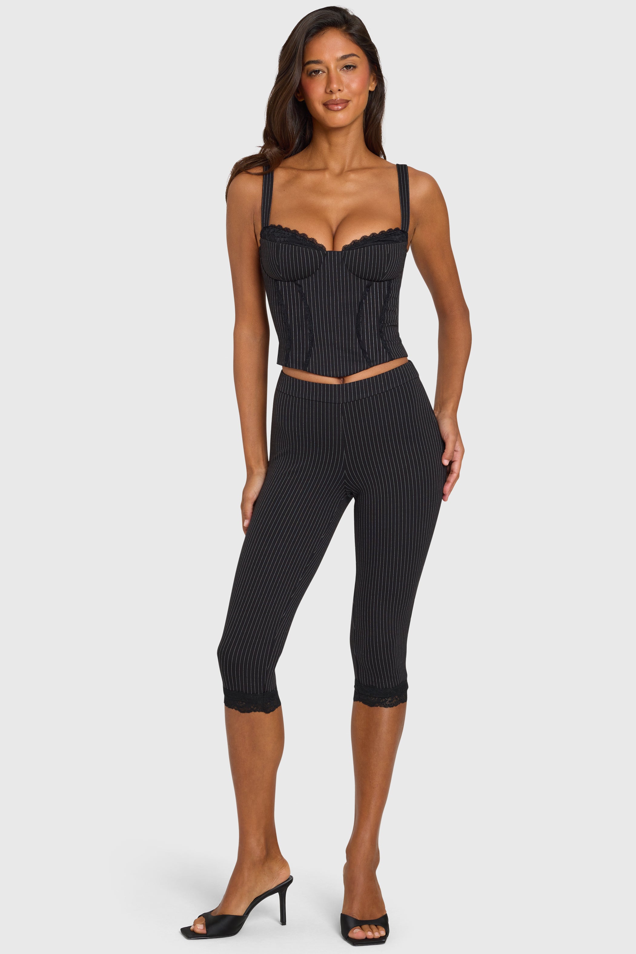 Pinstripe Ponte Capri Leggings in Black Pinstripe