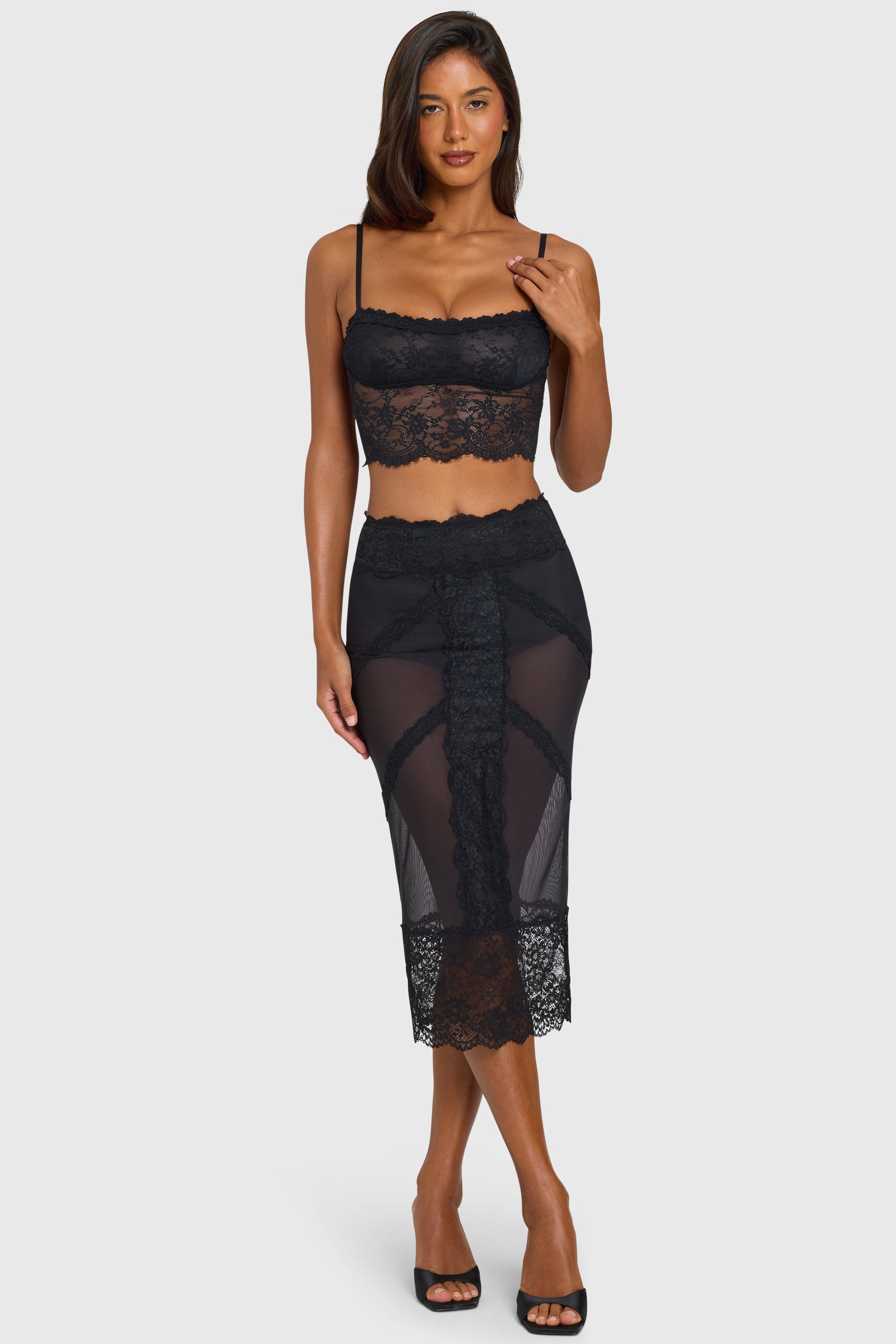 Placed Lace-Trim Low-Rise Midi Skirt in Black