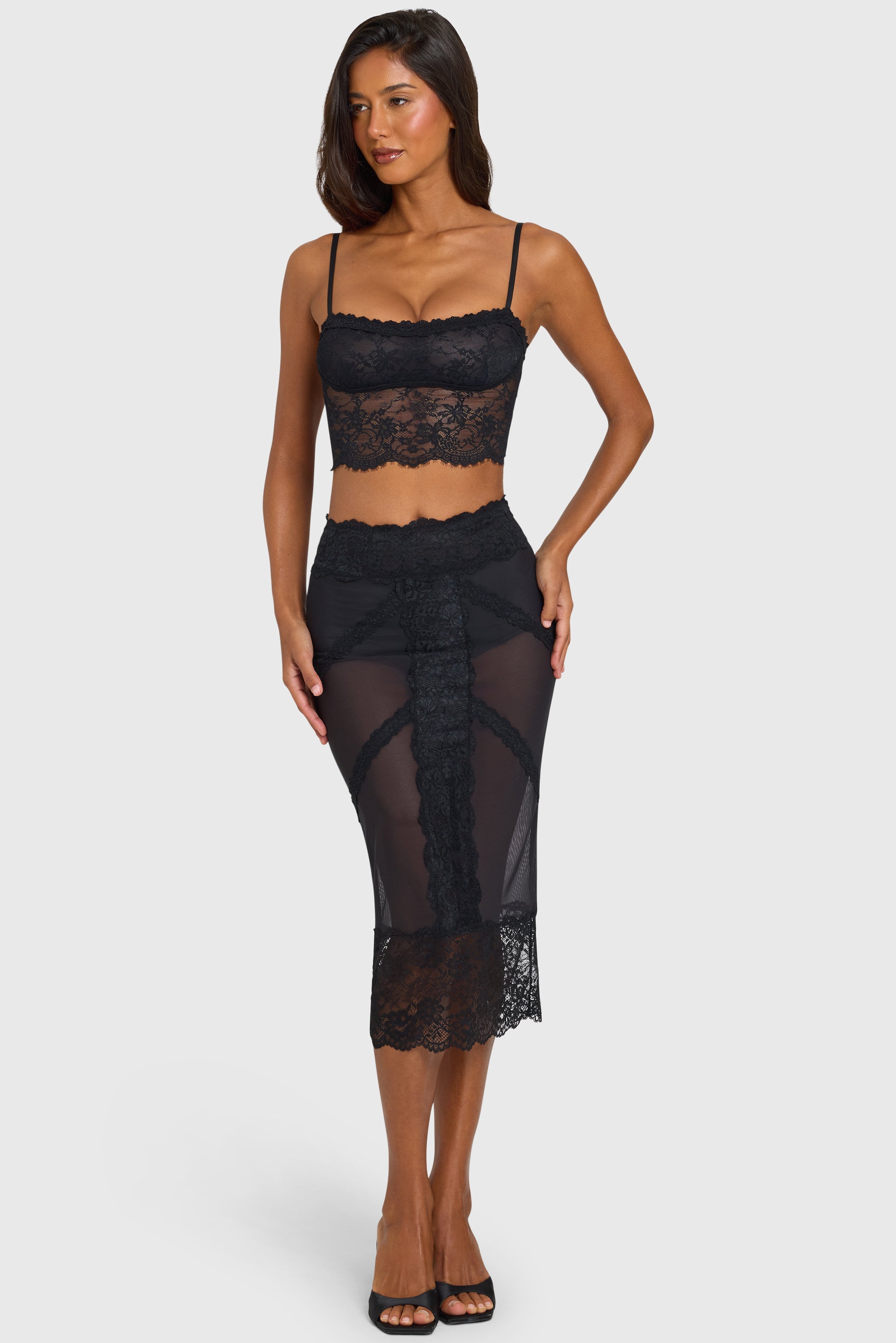 Placed Lace-Trim Low-Rise Midi Skirt in Black