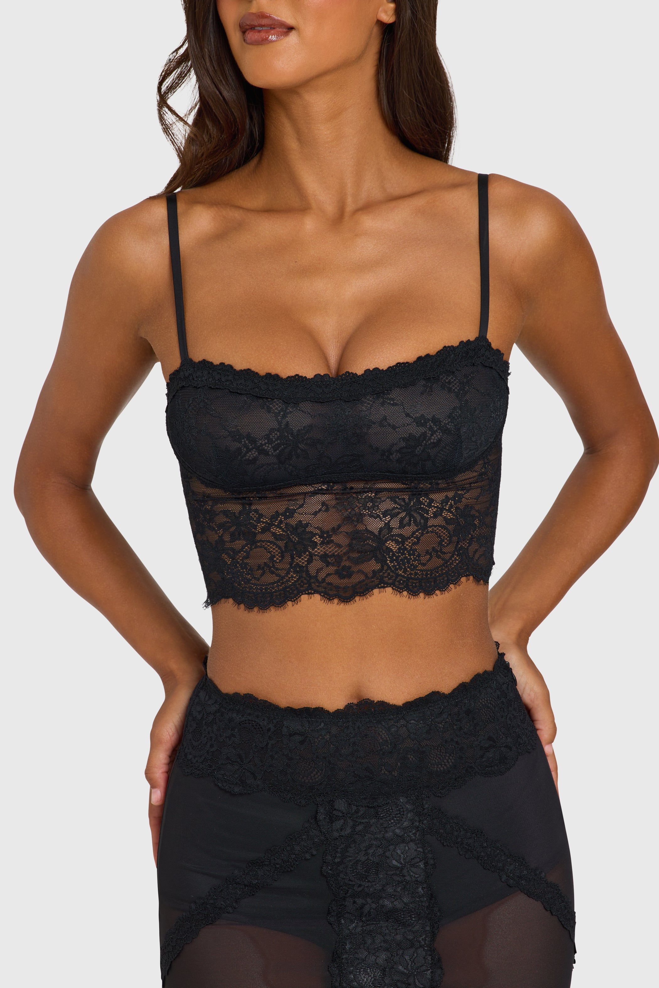 Placed Lace-Trim Crop Top  in Black