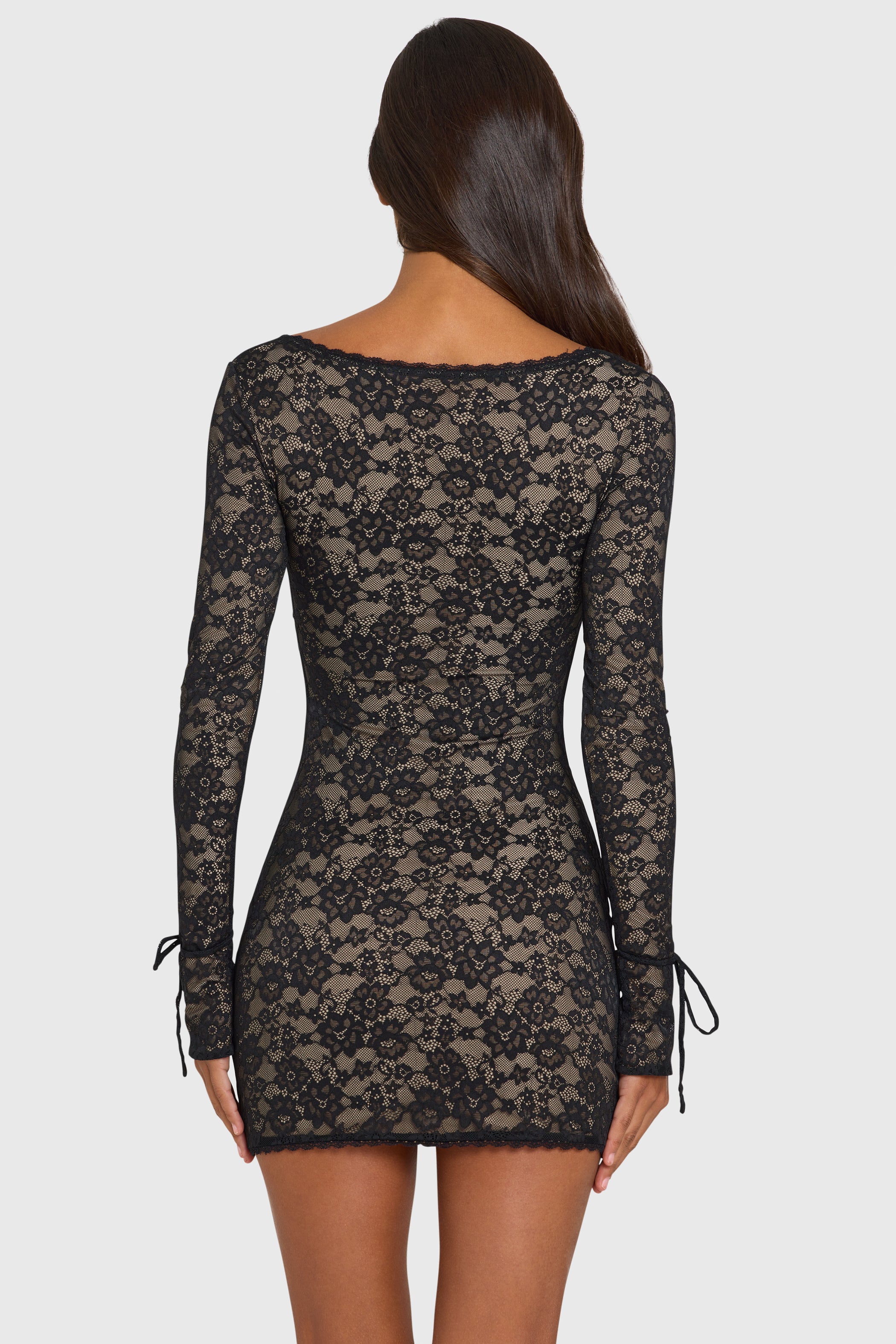 Lace Long-Sleeve Mini Dress in Black