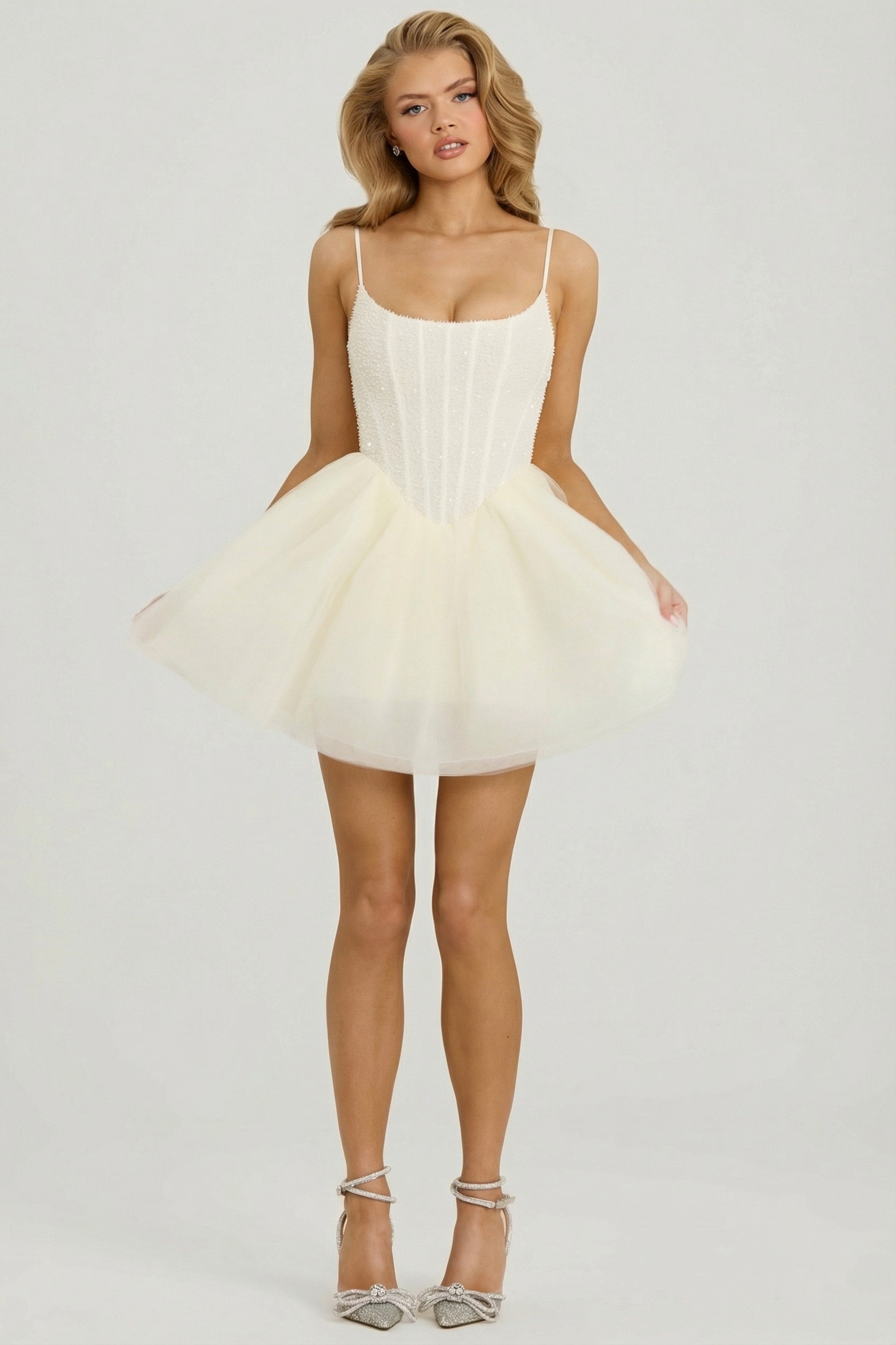 tulle mini dress white BEADED A-LINE LAYERED SHORT BY LADIVINE CY022 OFF / XXS The rhinestone belt will keep you shining all night whether you are at an event or a party Short Tulle White Ball Gown