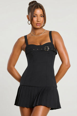 Brushed Twill Drop Waist Kilt Mini Dress in Black - 12 | Oh Polly Brushed Twill Drop Waist Kilt Mini Dress in Black - 12 | Oh Polly