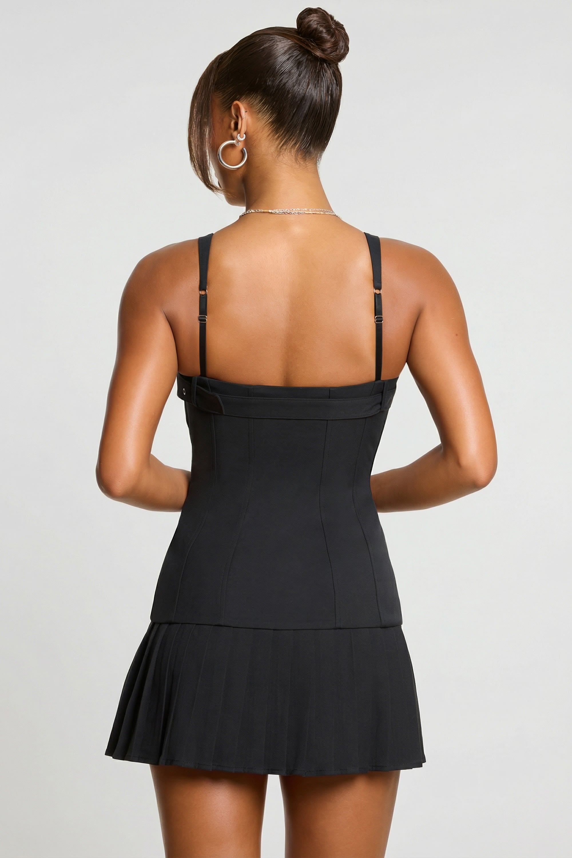 Clover Woven Wool Drop Waist Kilt Mini Dress in Black