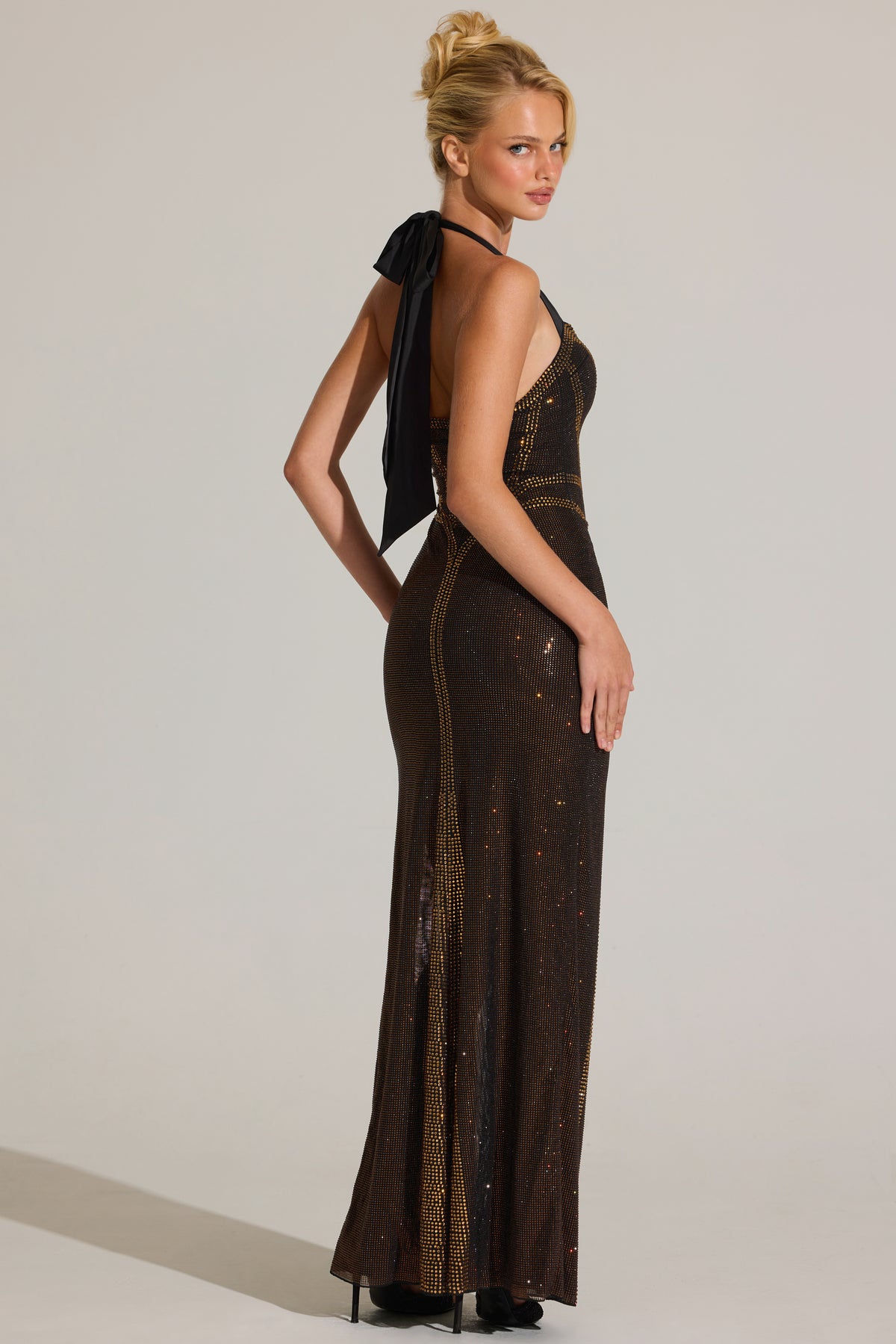 Embellished Halterneck Maxi Dress in Bronze