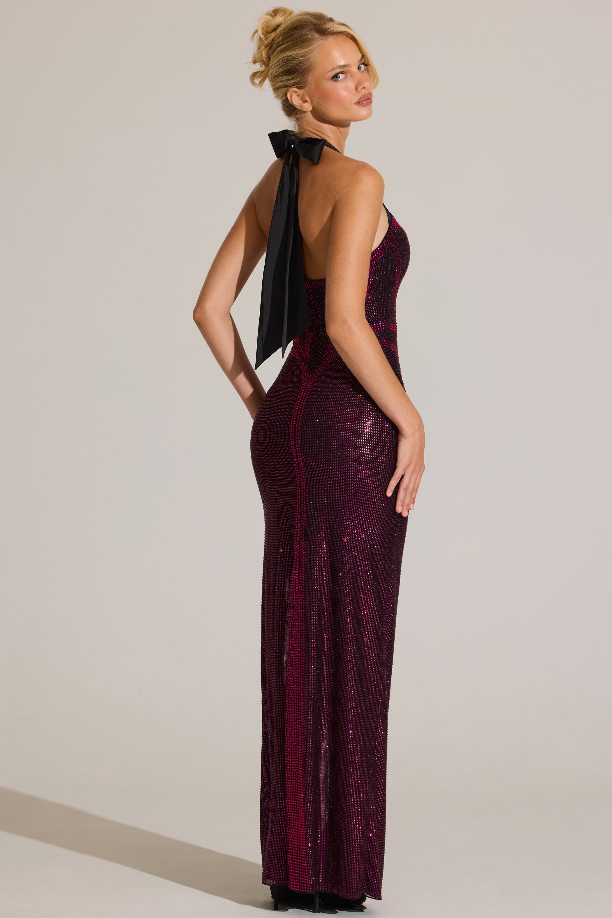 Embellished Halterneck Maxi Dress in Fuchsia Pink