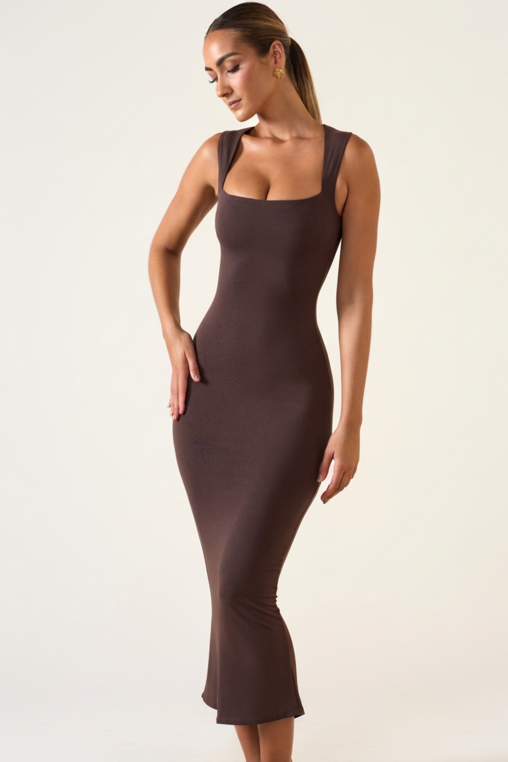 Ainslee Modal Square-Neck Midi Dress in Chocolate Brown