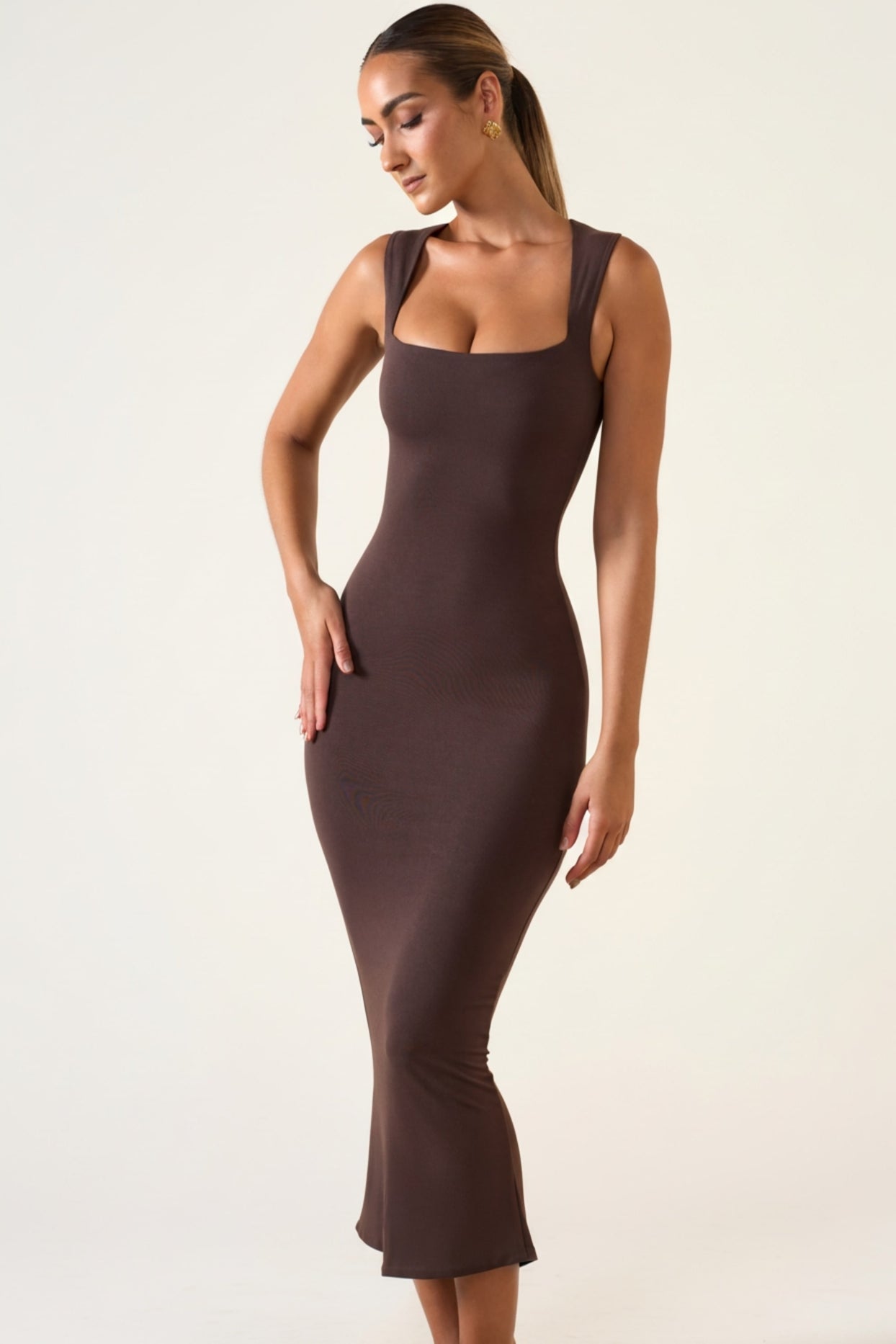 Square Neck Midi Dress in Chocolate Brown - 5