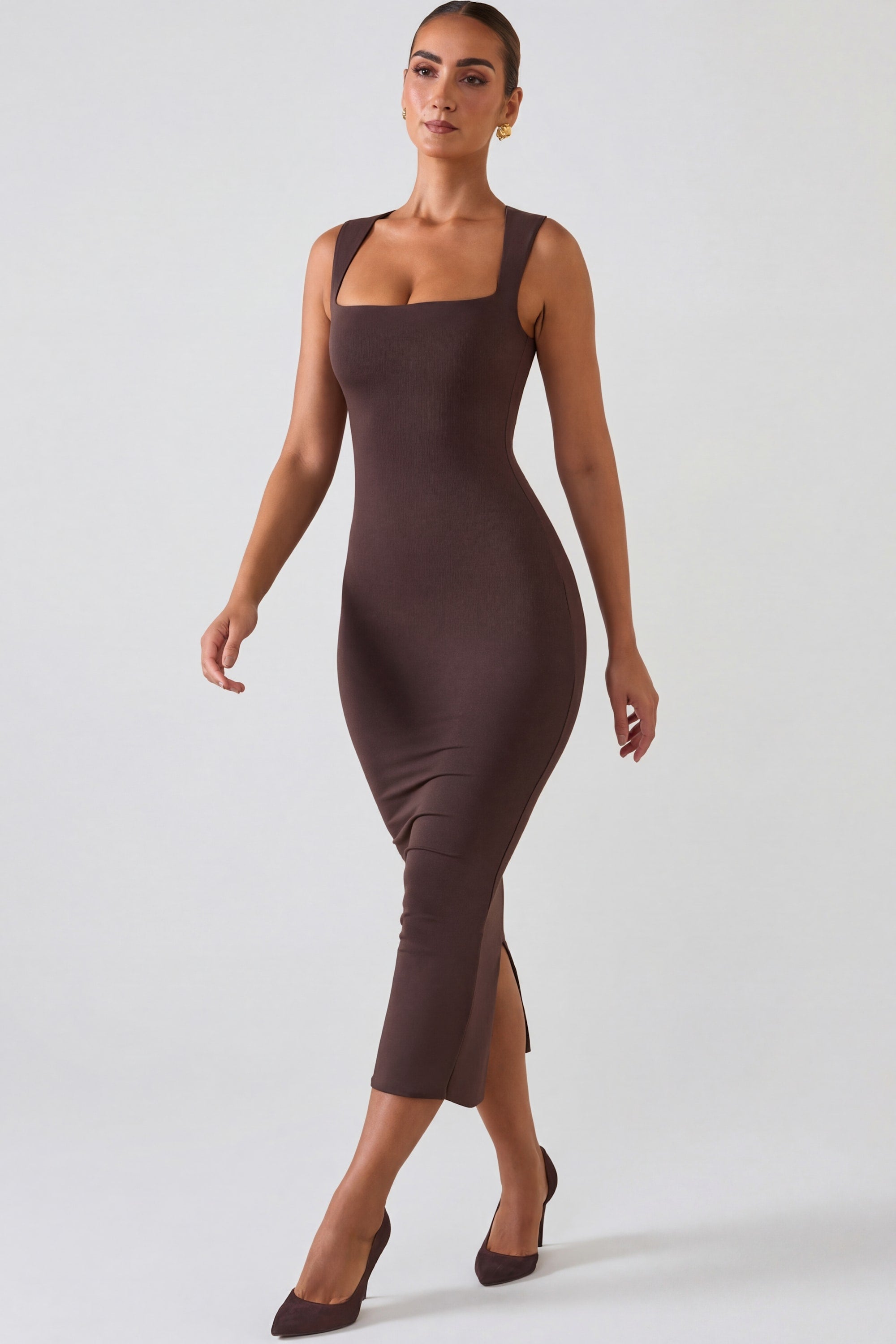 Ainslee Modal Square-Neck Midi Dress in Chocolate Brown | Oh Polly