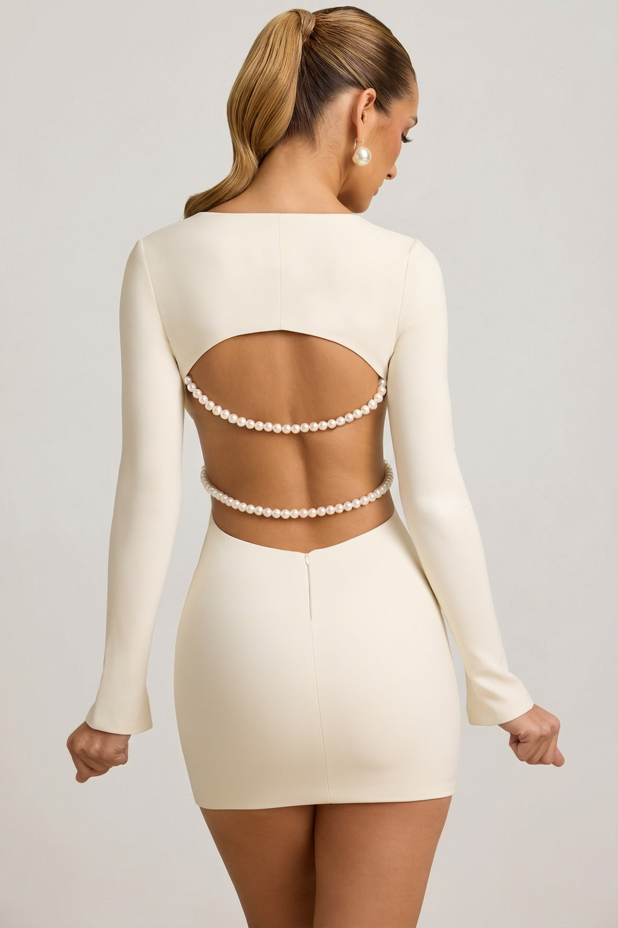 Akari Pearl-Detail Cut-Out Mini Dress in Ivory