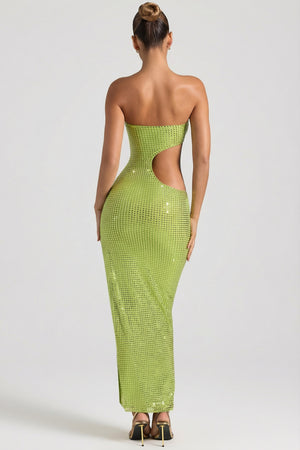 Oh Polly's Priscilla wearing the Alamea Maxi Dress in Pear Green Square Hotfix fabric perfect for rooftop dinners
