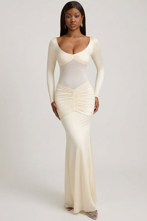 Oh Polly's Sevah wearing the Alila Maxi Dress in Ivory Satin Jersey fabric perfect for summer garden parties