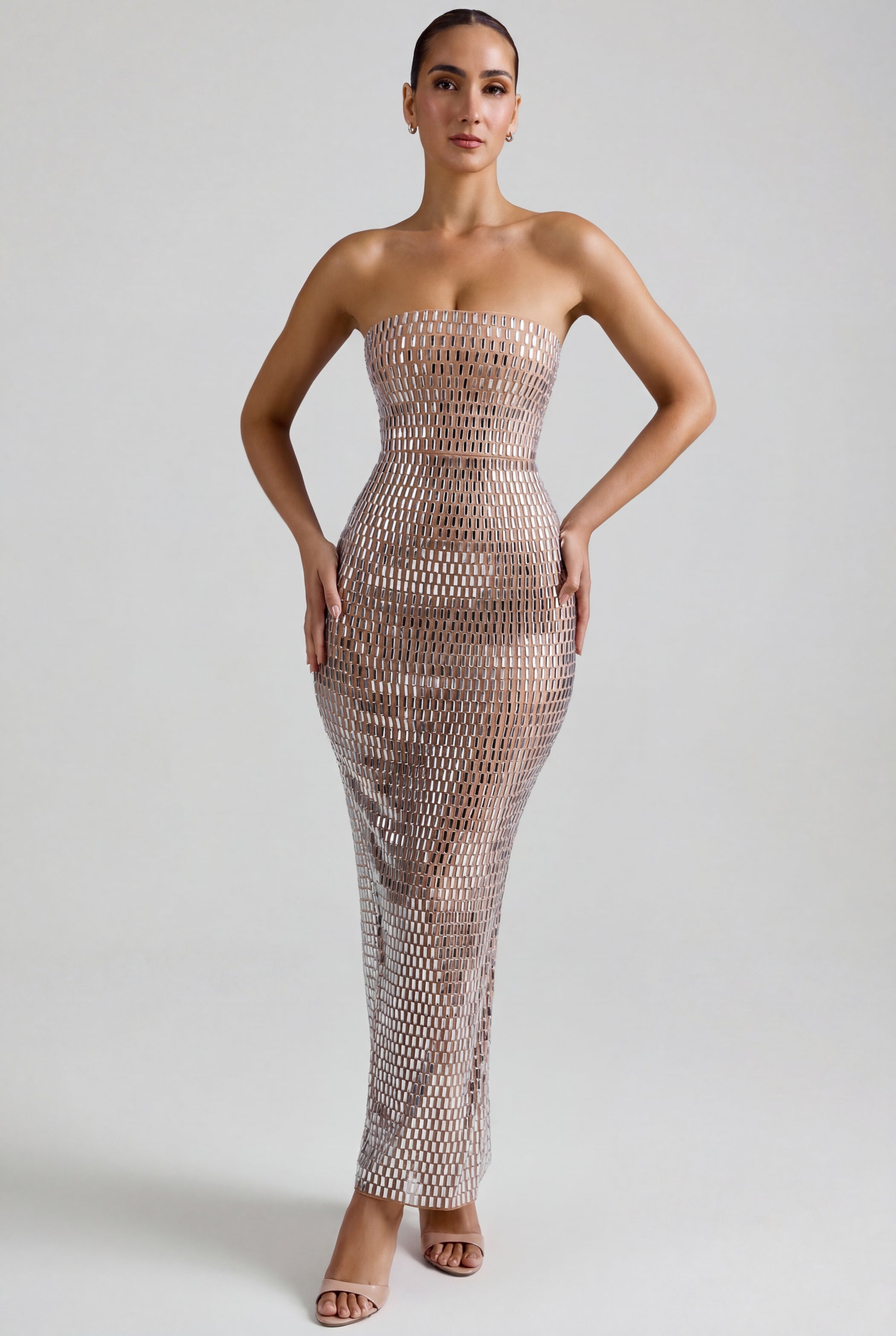 Amaya Embellished Bandeau Maxi Dress in Almond