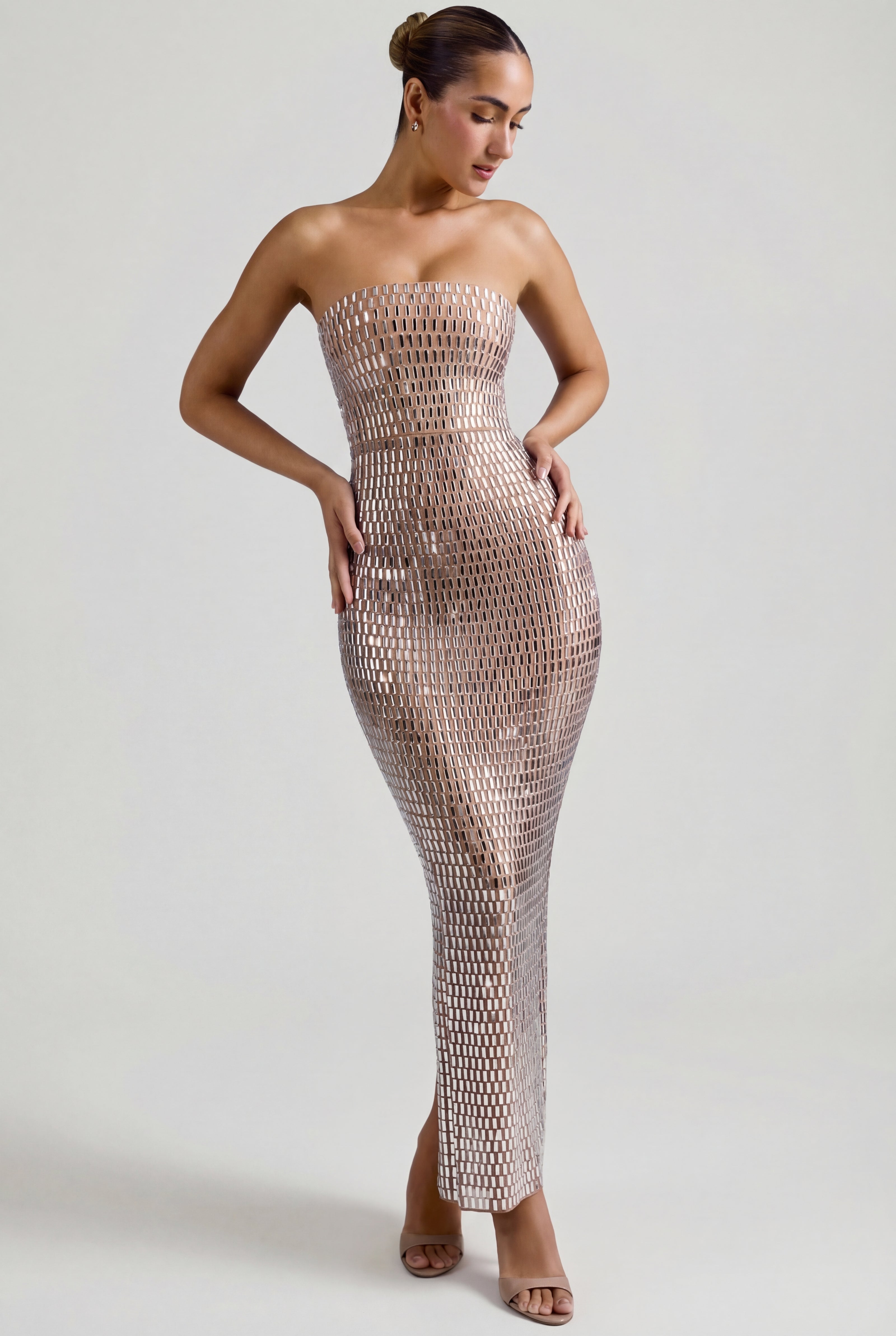Amaya Embellished Bandeau Maxi Dress in Almond