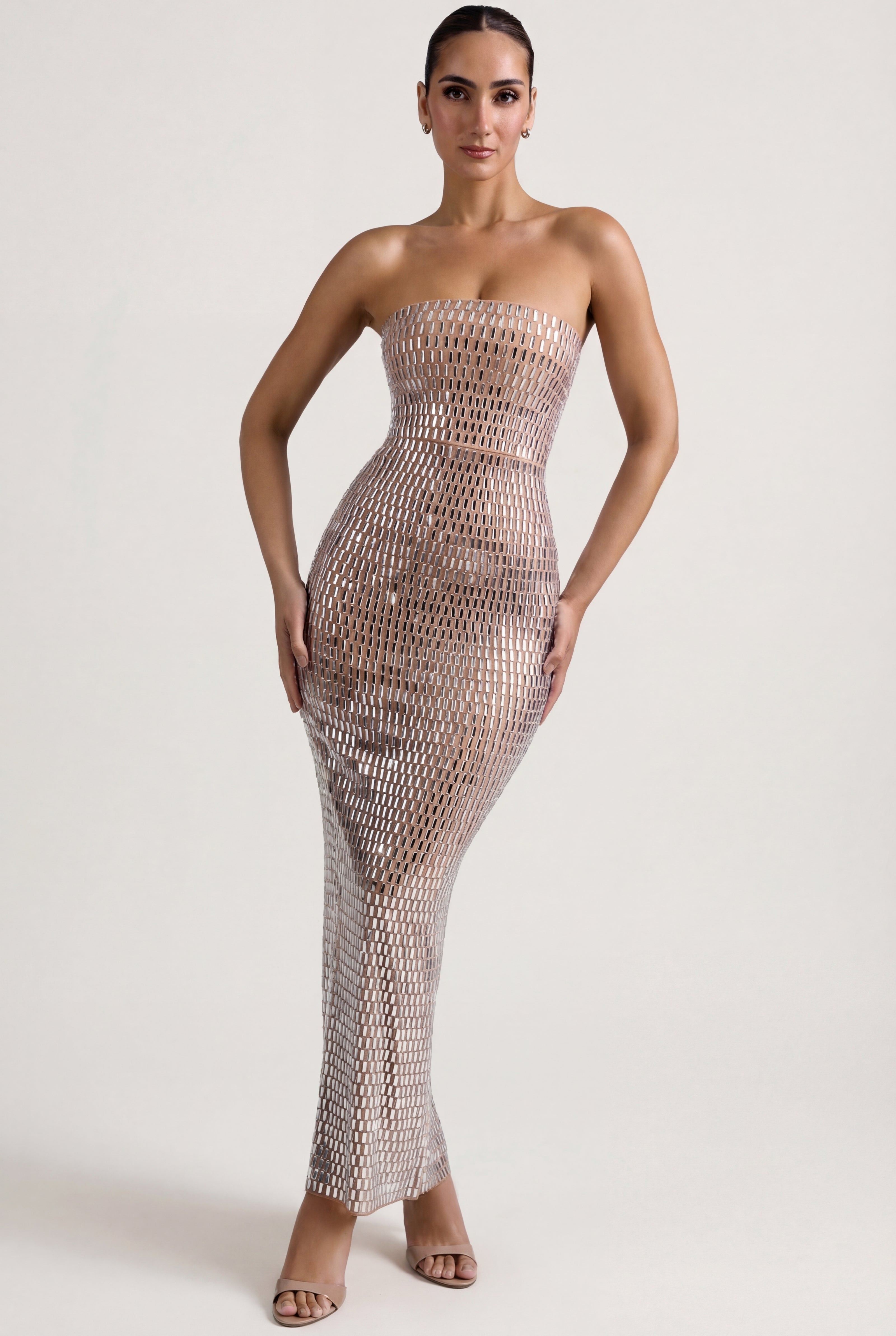 Amaya Embellished Bandeau Maxi Dress in Almond