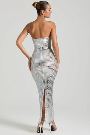 Oh Polly's Priscilla wearing the Amaya Maxi Dress in White Square Hotfix fabric perfect for beachside celebrations