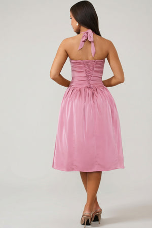 Halterneck Lace-Up Ruched Corset Midi Dress in Mauve