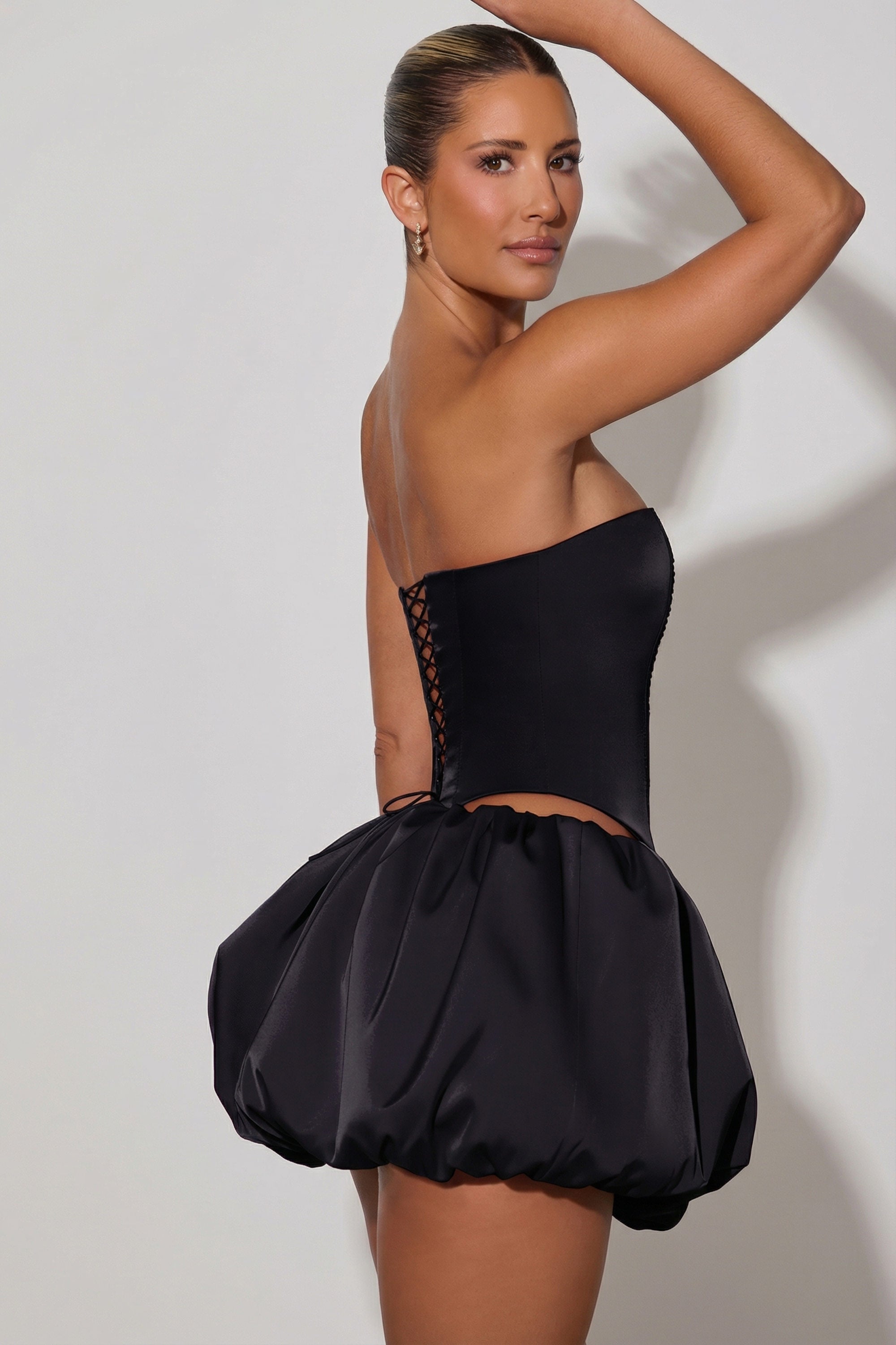 Amora Embellished Heart Cut-Out Strapless Corset Top in Black