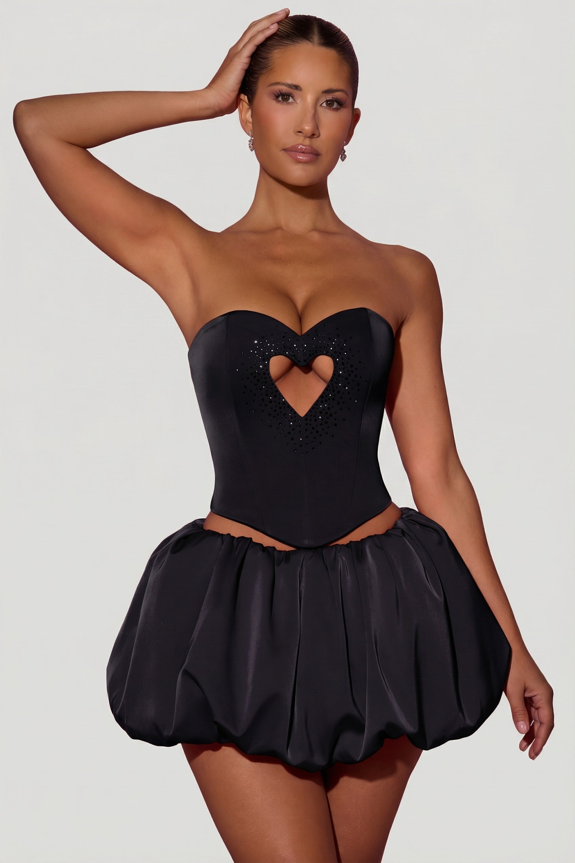 Embellished Heart Cut-Out Strapless Corset Top in Black