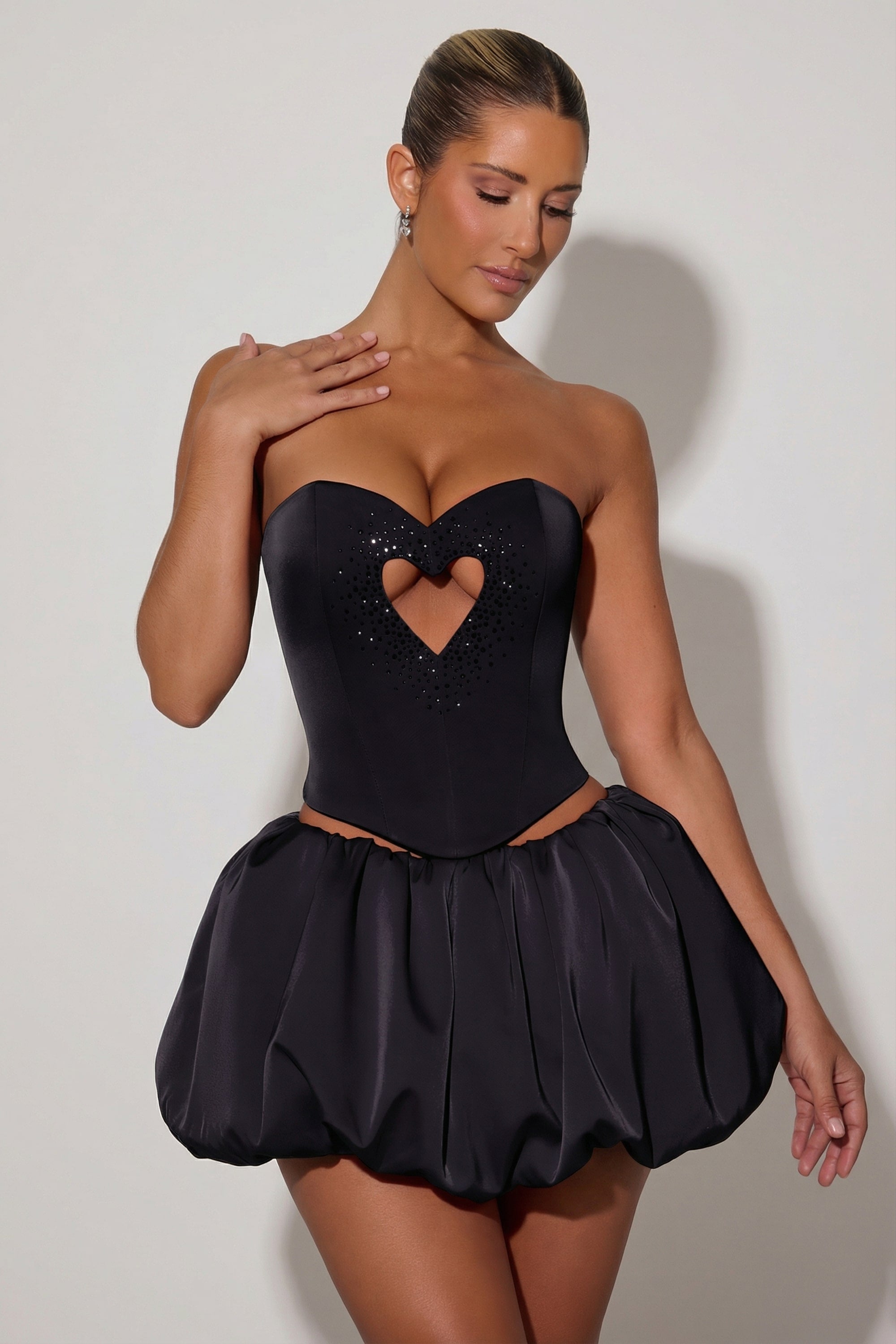Embellished Heart Cut-Out Strapless Corset Top in Black