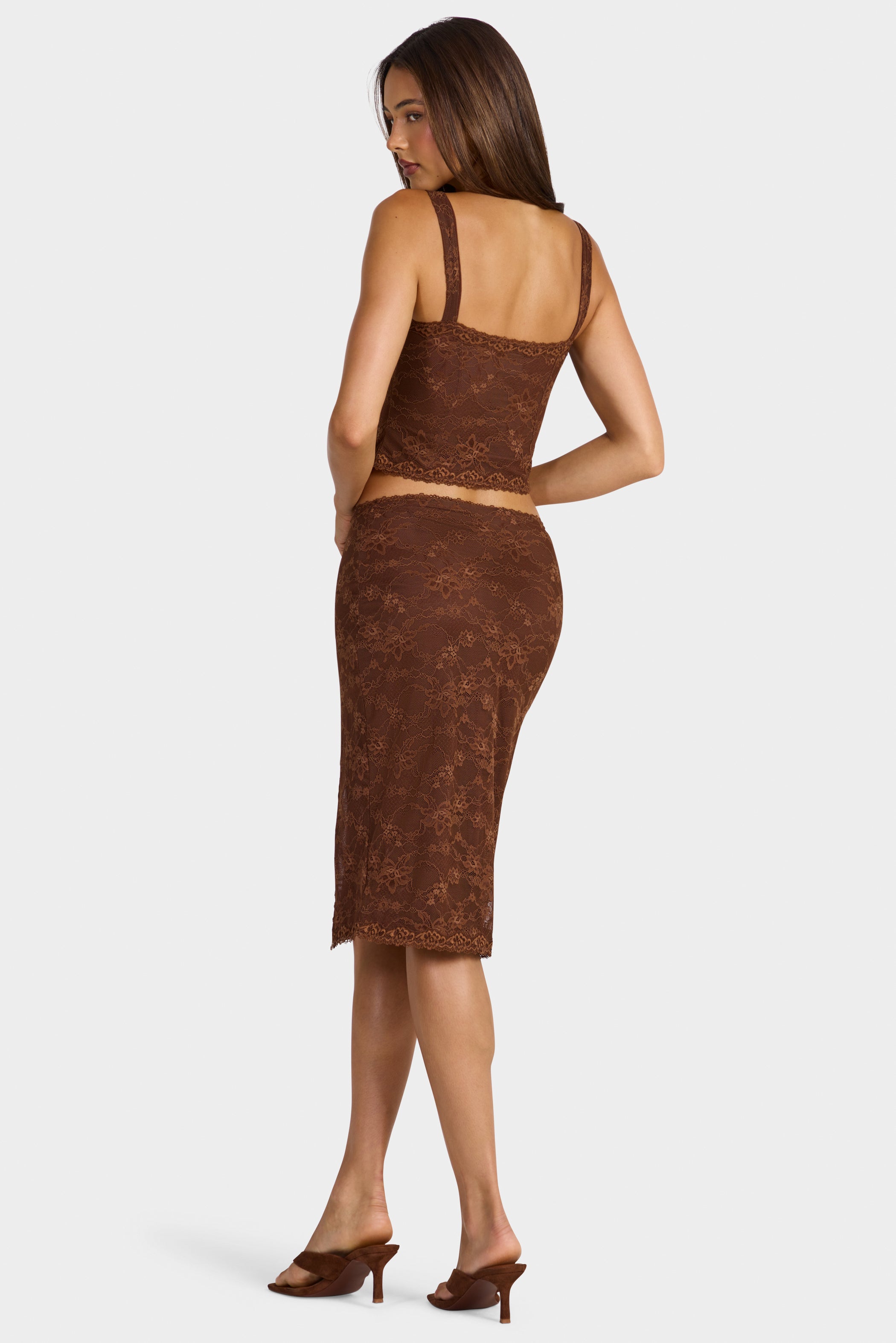 Lace Mid-Rise Midi Skirt in Cocoa Brown