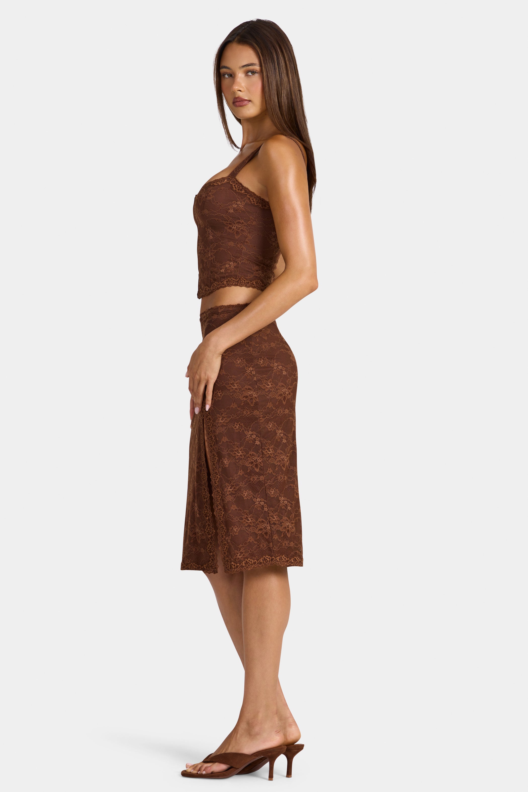 Lace Mid-Rise Midi Skirt in Cocoa Brown