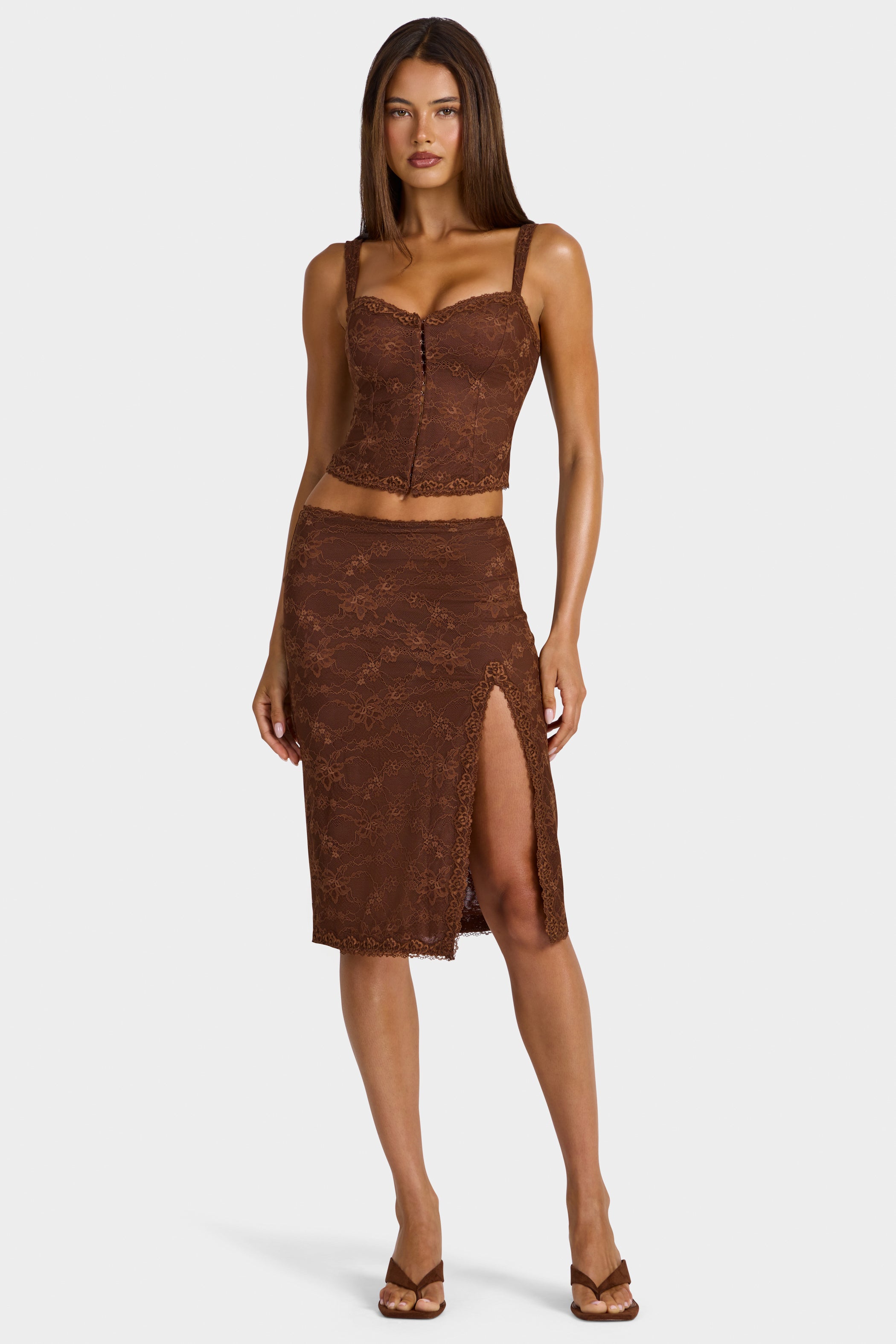 Lace Mid-Rise Midi Skirt in Cocoa Brown