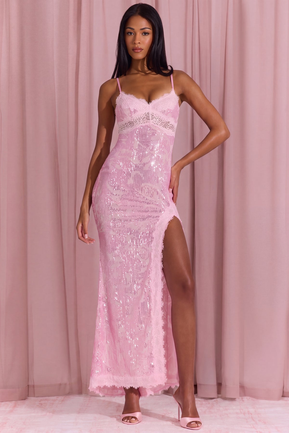 Embellished Lace-Trim Maxi Dress in Blossom Pink - 1
