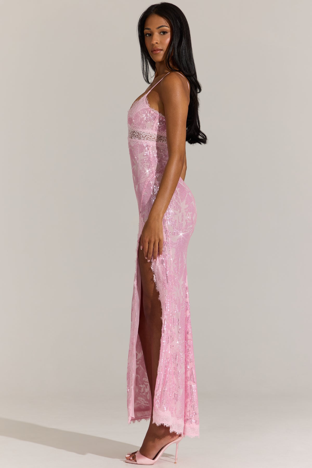 Embellished Lace-Trim Maxi Dress in Blossom Pink