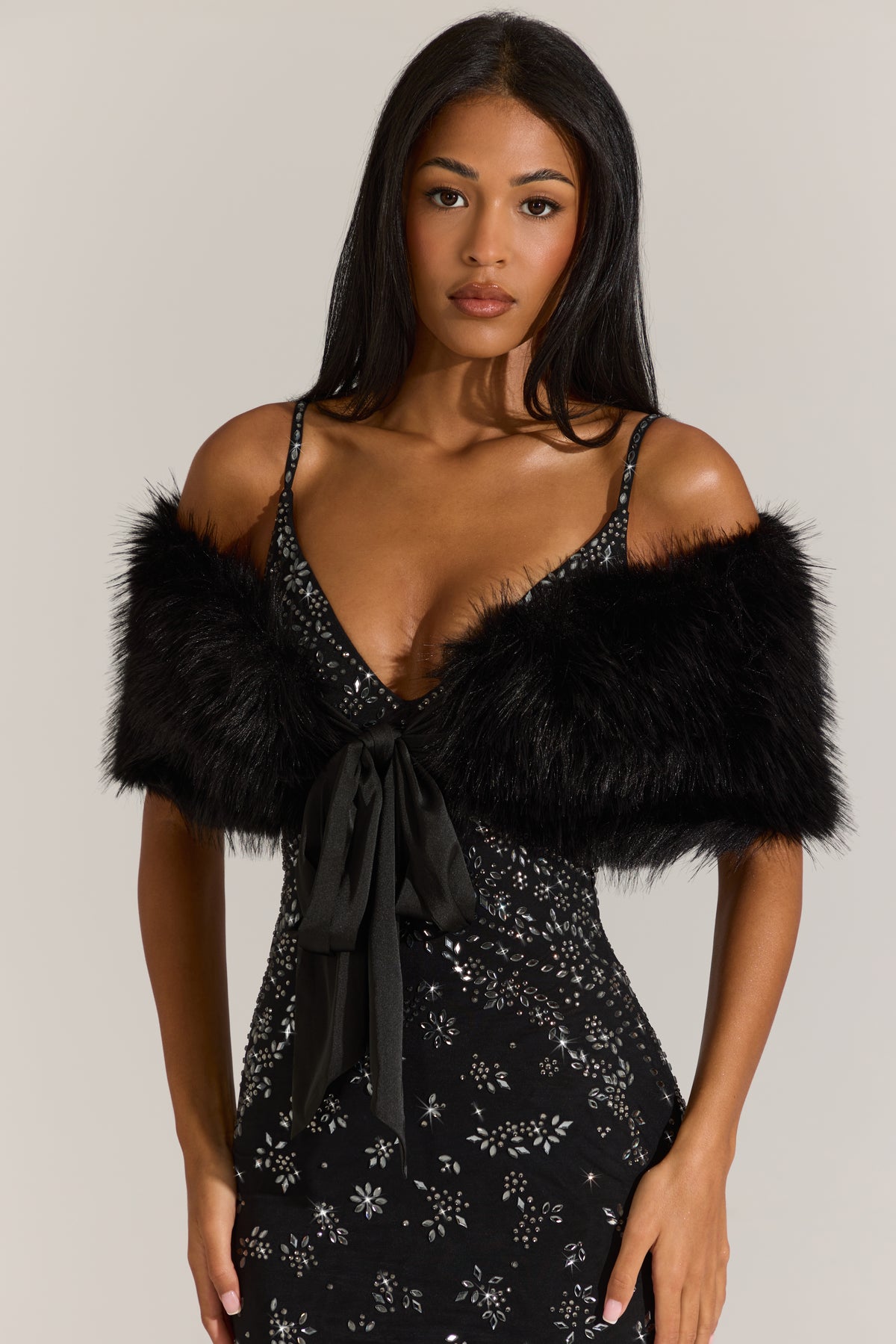 Fur Ribbon-Tie Stole in Black