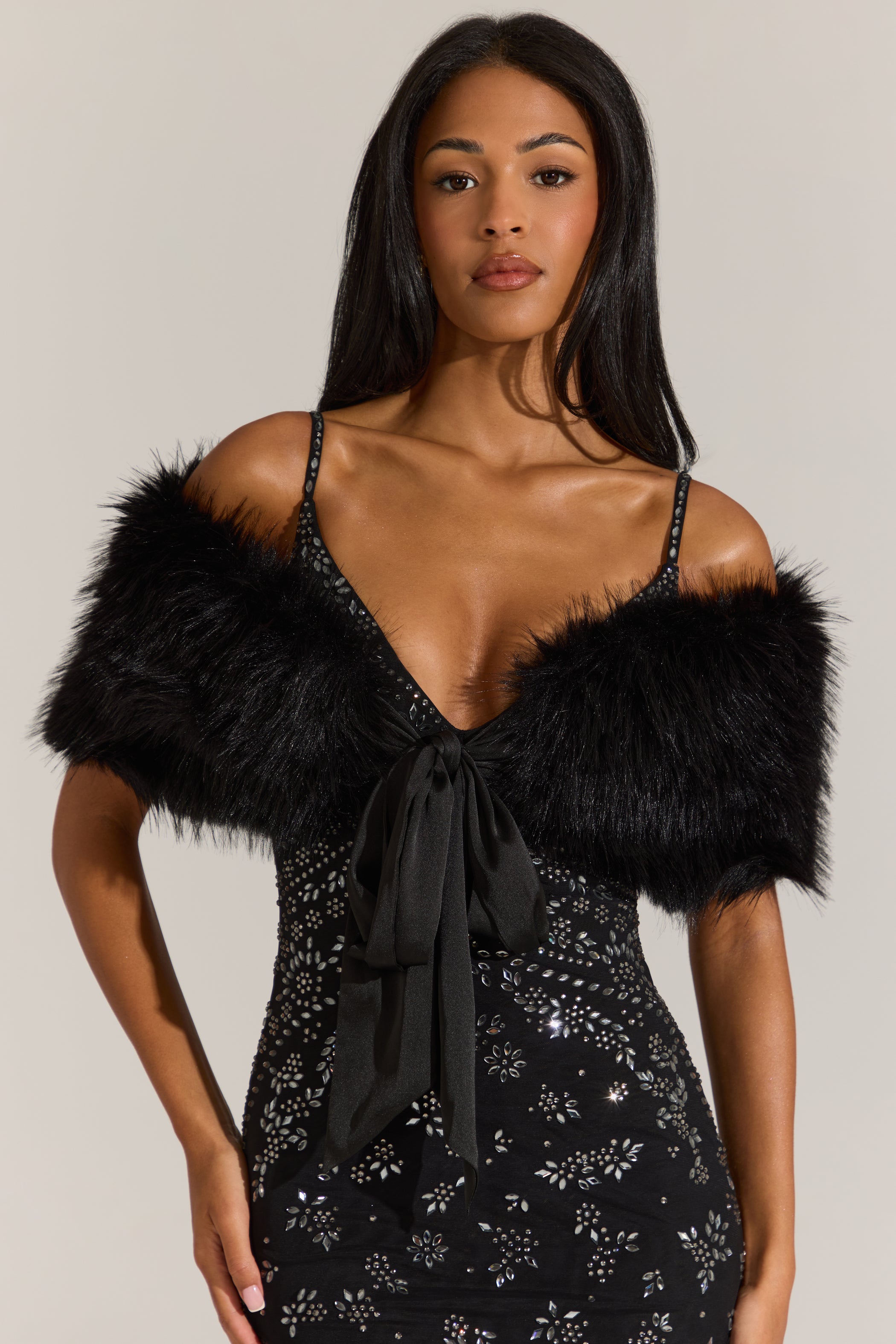 Fur Ribbon-Tie Stole in Black