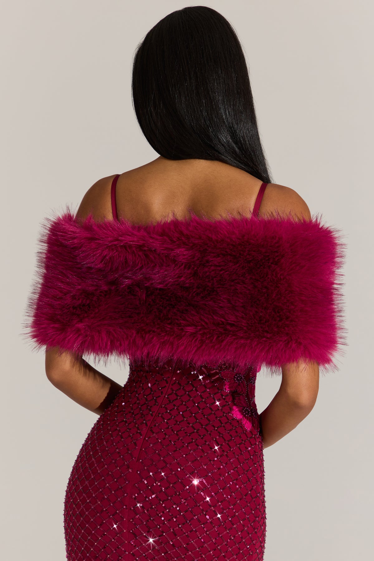 Fur Ribbon-Tie Stole in Fuchsia Pink