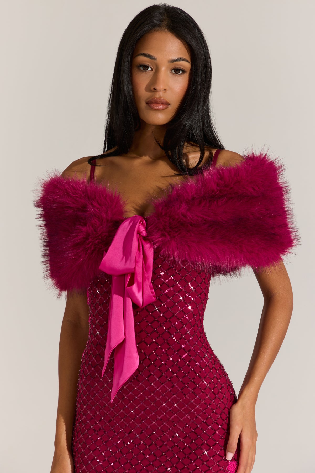 Fur Ribbon-Tie Stole in Fuchsia Pink