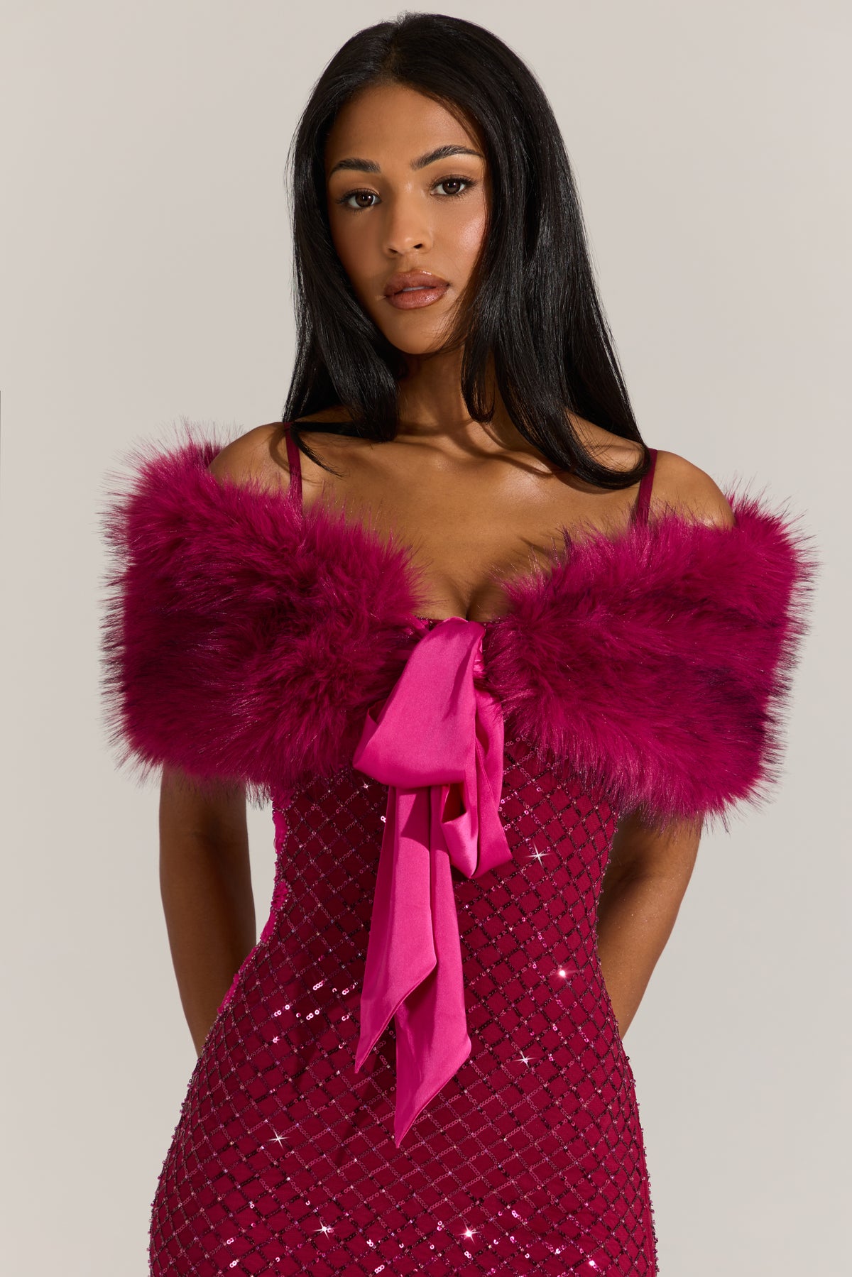Fur Ribbon-Tie Stole in Fuchsia Pink