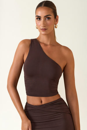 Oh Polly's Priscilla wearing the Andi Crop Top in Chocolate Brown Modal fabric perfect for brunch with friends