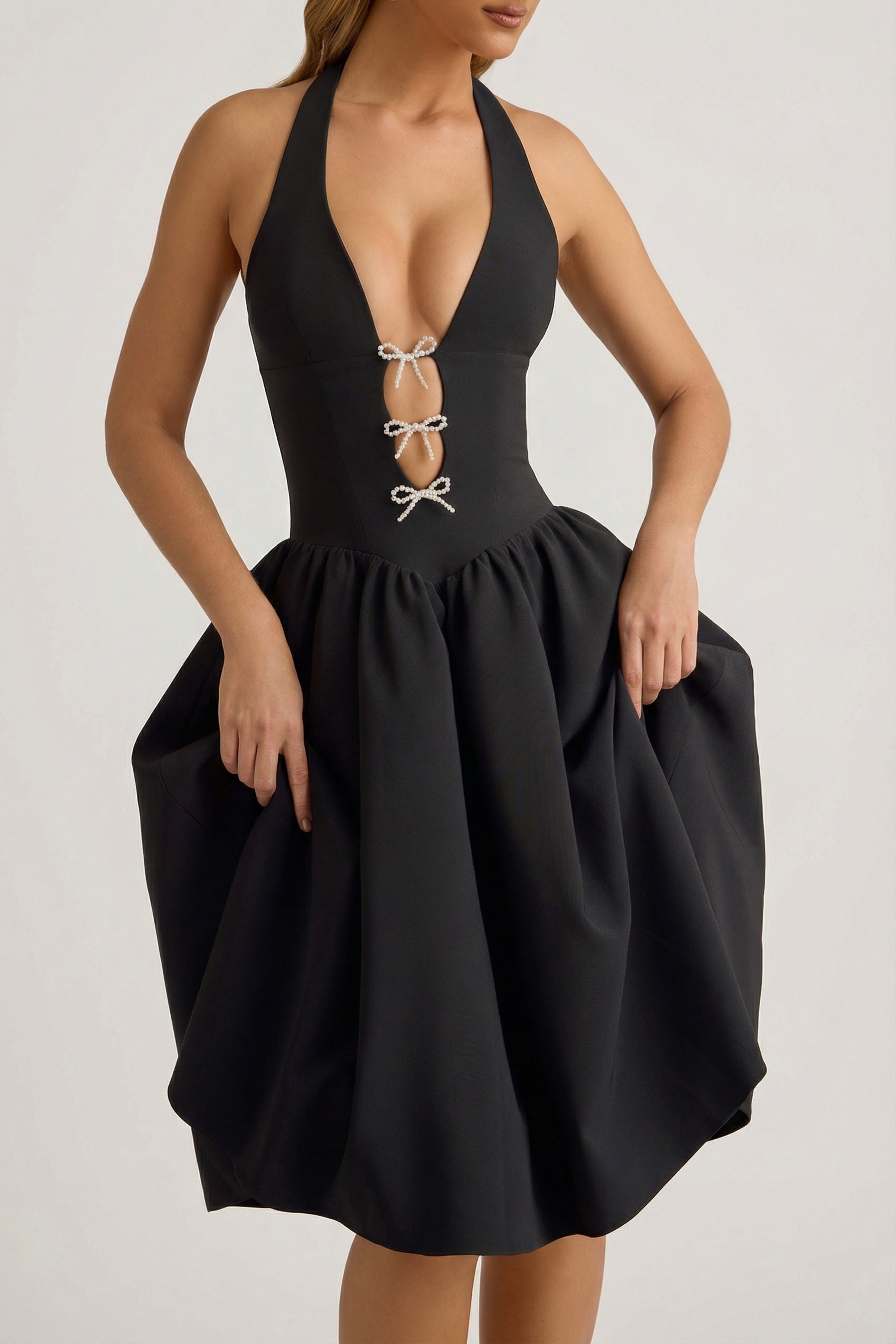 Halterneck Bow-Detail Midi Dress in Black