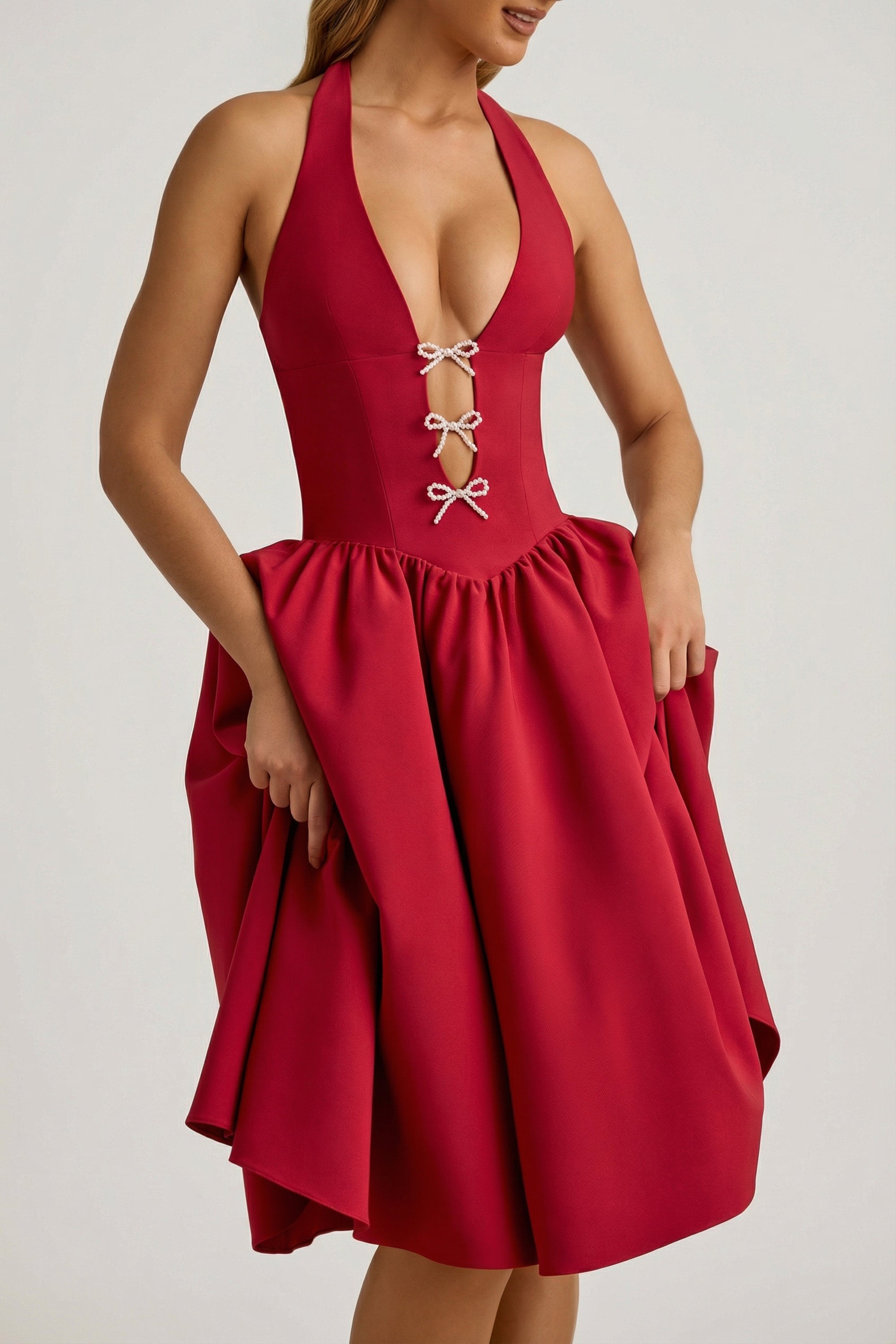 Halterneck Bow-Detail Midi Dress in True Red