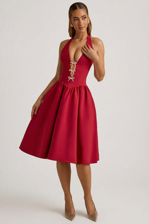 Halterneck Bow-Detail Midi Dress in True Red - 2 | Oh Polly Halterneck Bow-Detail Midi Dress in True Red - 2 | Oh Polly
