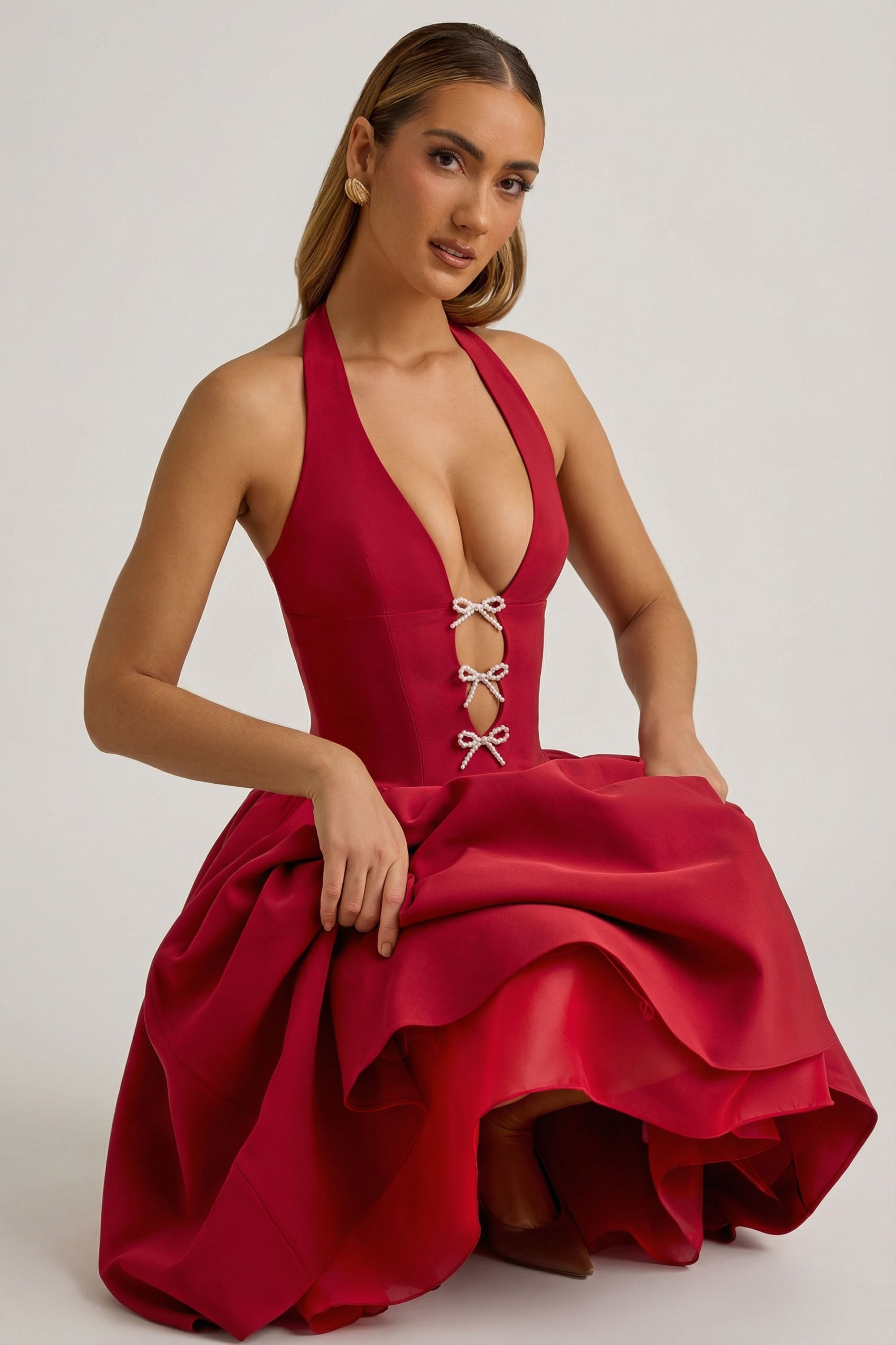Halterneck Bow-Detail Midi Dress in True Red