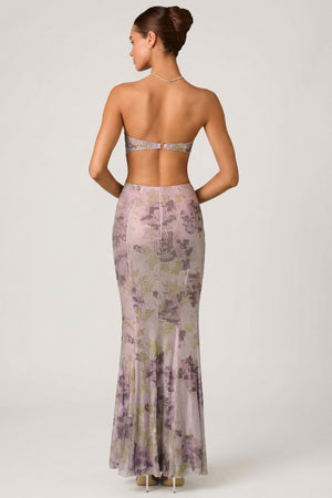 Embellished Cut-Out Fishtail Maxi Dress in Lilac
