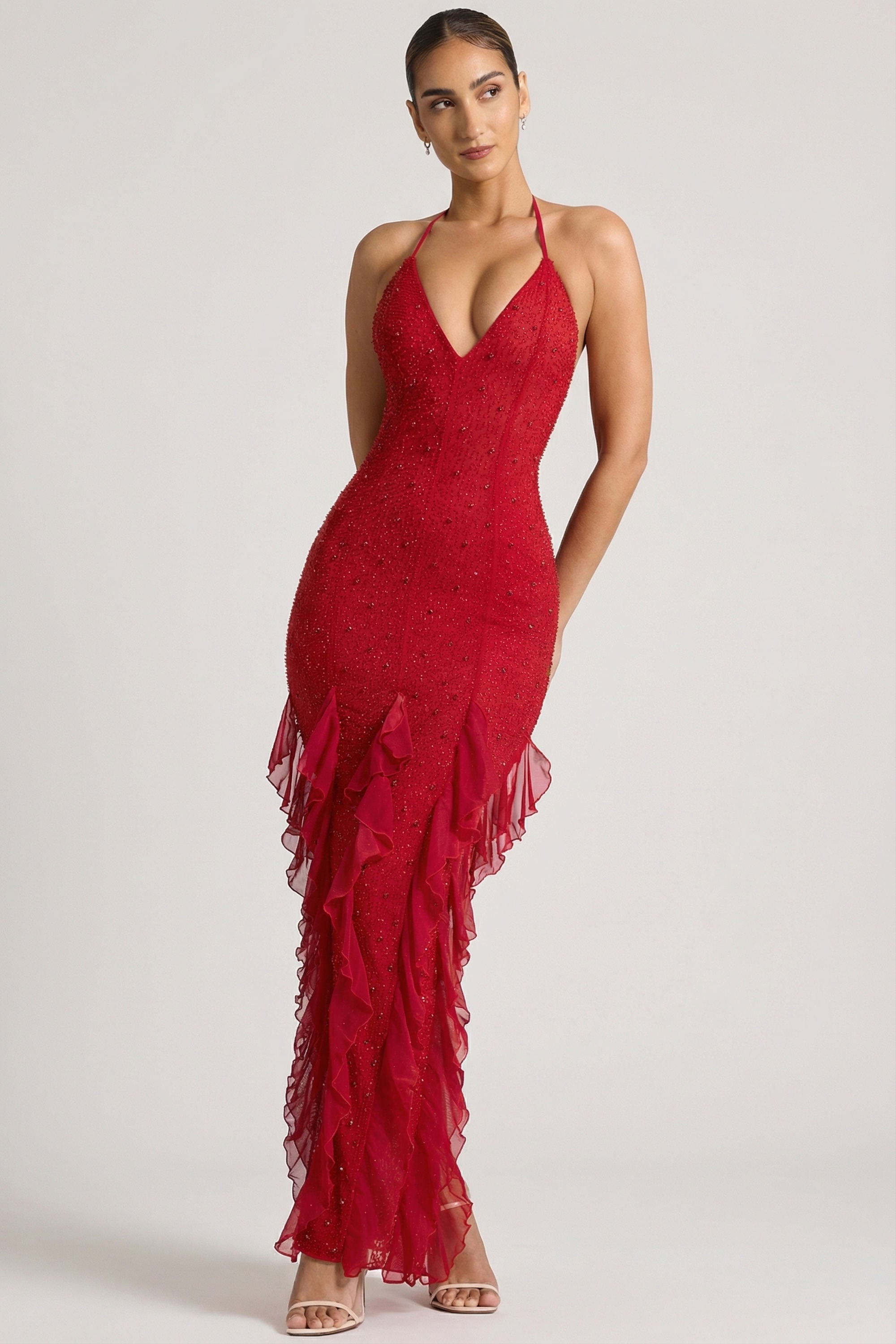 Anley Embellished Halter Neck Ruffle Maxi Dress in Red